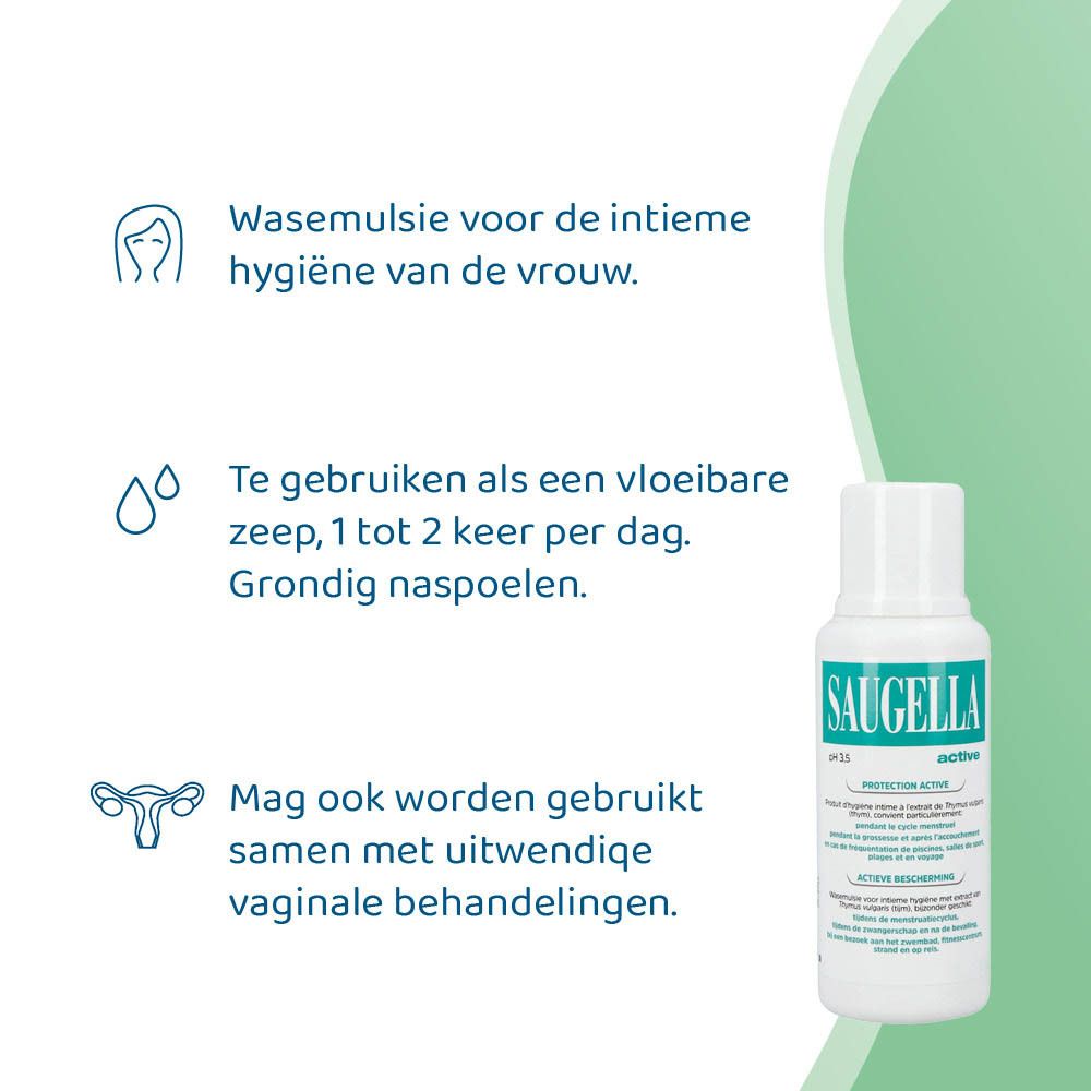 Witte fles met groen etiket. Opschrift: Saugella, active, pH 3.5. Product voor intieme hygiëne.