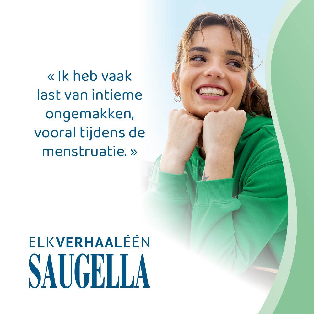 Witte fles met groen etiket. Opschrift: Saugella, active, pH 3.5. Product voor intieme hygiëne.