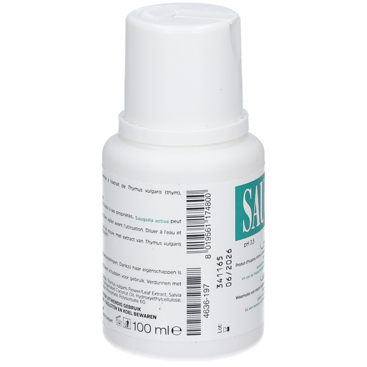 Flacon blanc avec étiquette verte. Inscription Saugella. Texte multilingue. 100 ml. Code-barres.