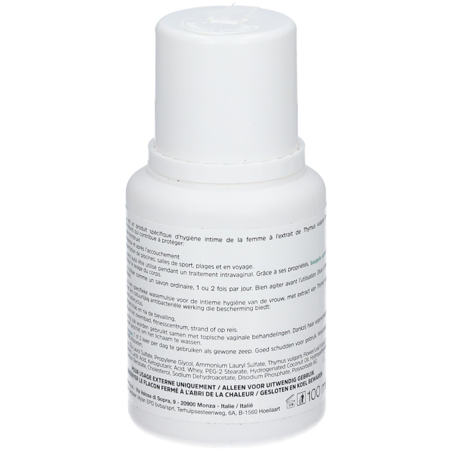 Flacon blanc avec texte multilingue. Inscription : 100 ml. Fond du flacon avec texte. Bouchon en haut.