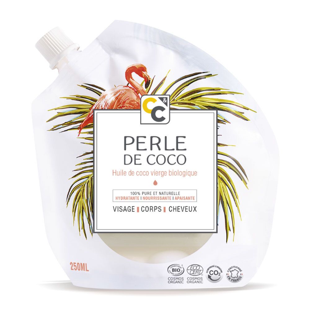 Emballage souple transparent avec illustration de flamant rose. Contient de l'huile de coco bio pour visage, corps et cheveux.