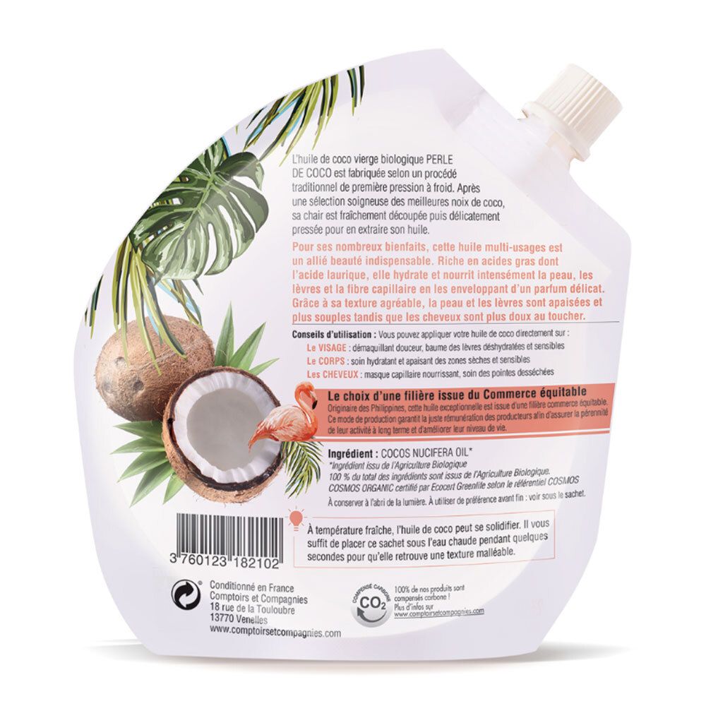 Dos de l'emballage avec texte et illustrations de noix de coco. Contient des informations sur les ingrédients et l'origine du produit.