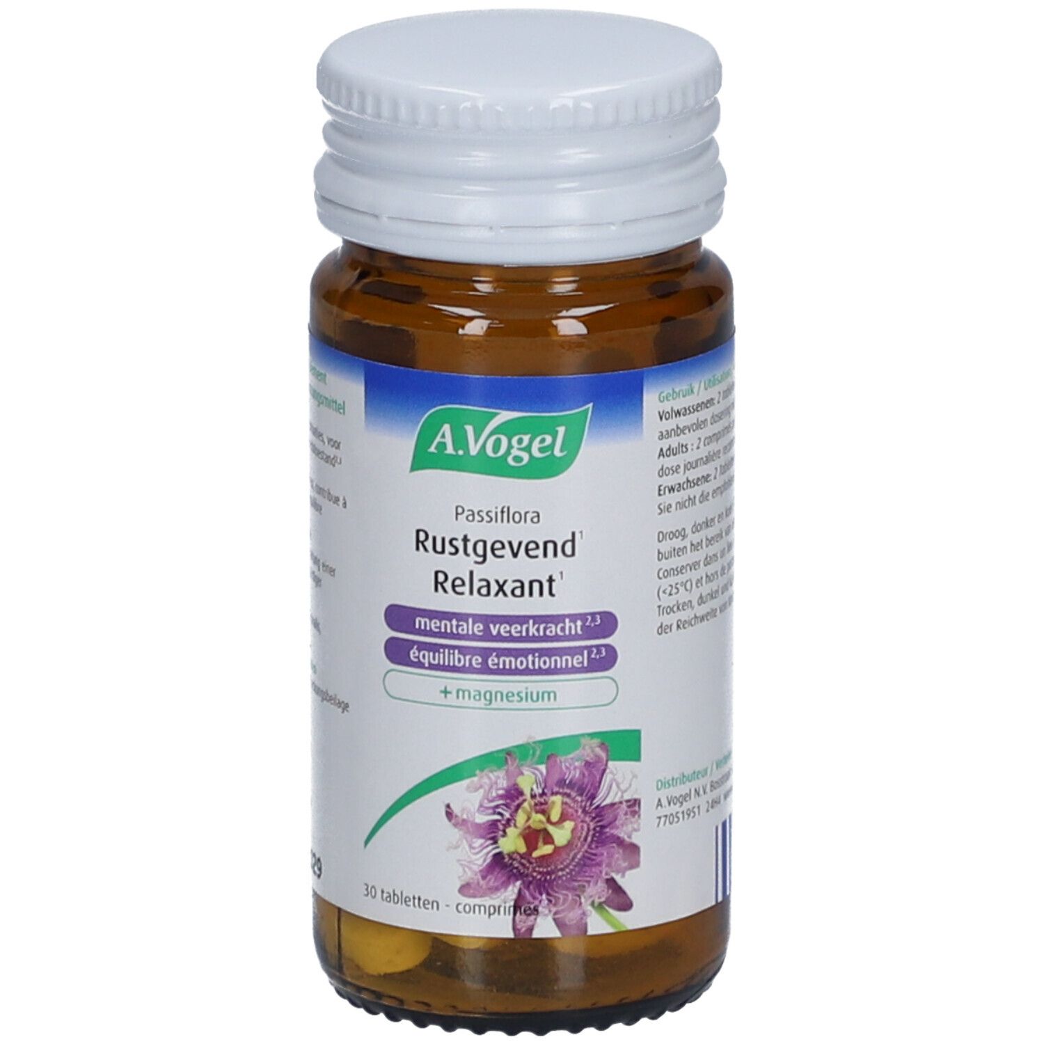 Bruine glazen fles met witte dop. Etiket met productnaam, merk A.Vogel en ingrediënten. 30 tabletten.
