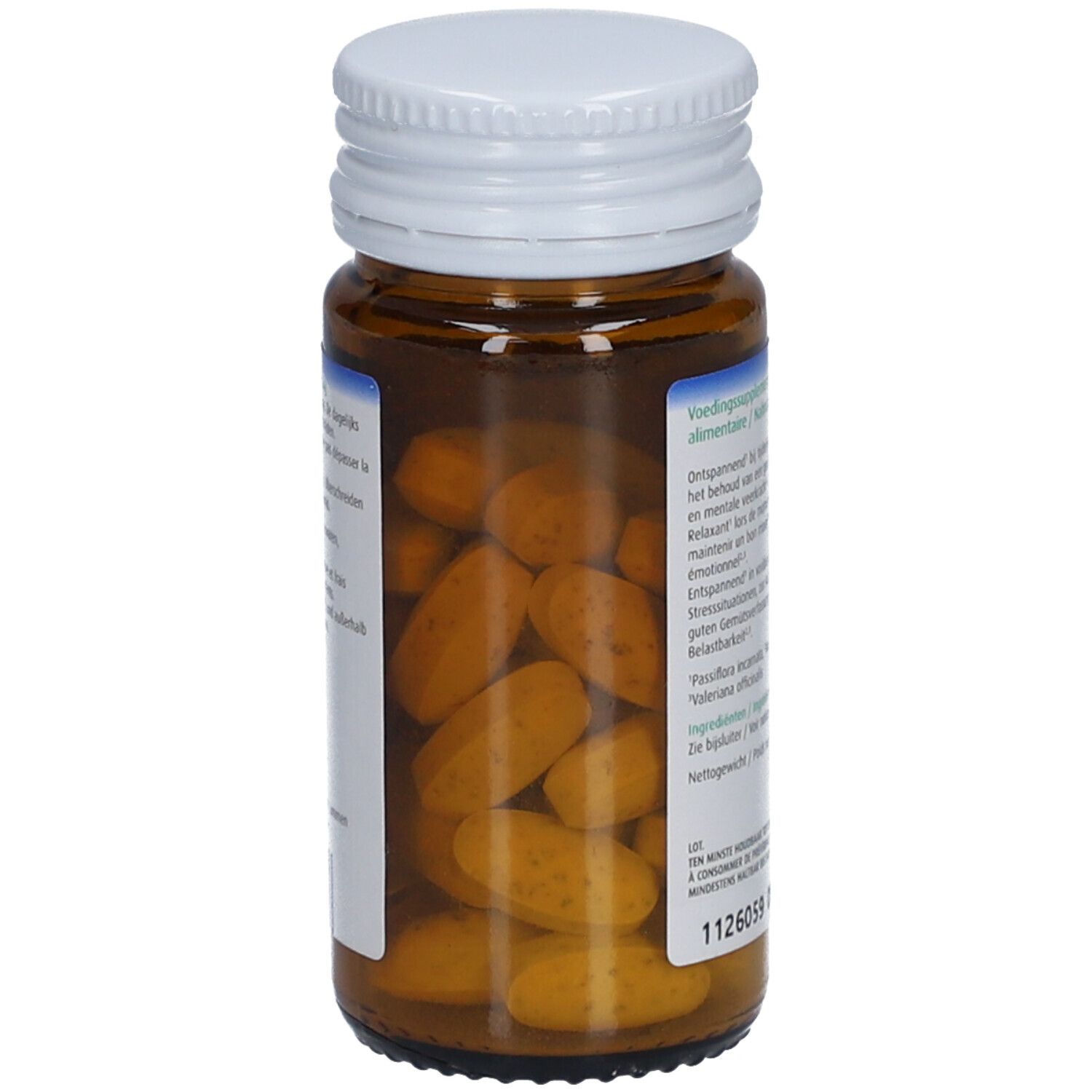 Bruine glazen fles met zichtbare tabletten. Witte dop.