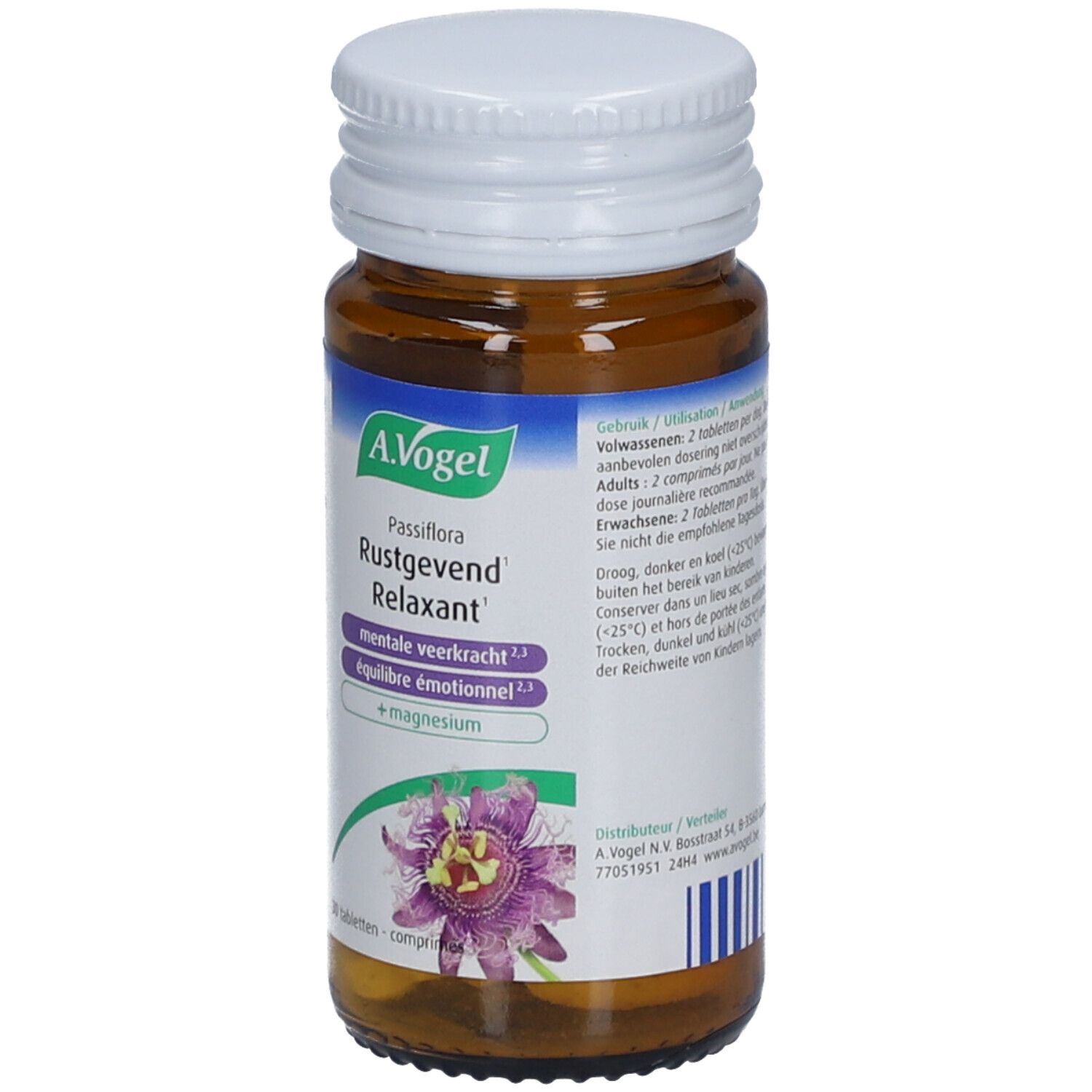Bruine glazen fles met witte dop. Etiket met productnaam, merk A.Vogel en ingrediënten. 30 tabletten.