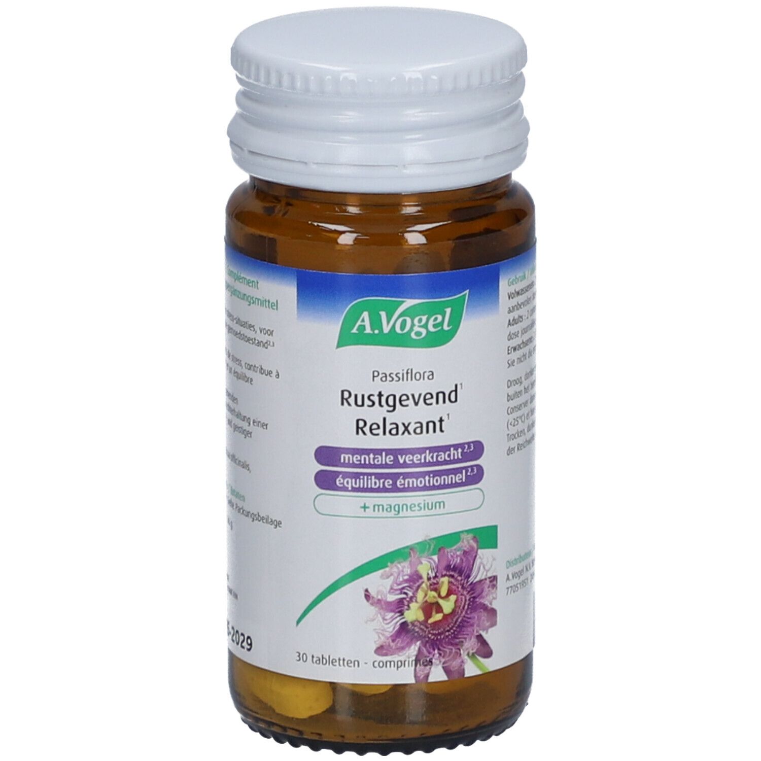 Bruine glazen fles met witte dop. Etiket met productnaam, merk A.Vogel en ingrediënten. 30 tabletten.