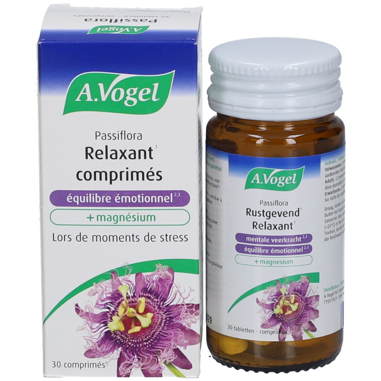 Productverpakking en fles. Doos met productnaam, merk A.Vogel en ingrediënten. Fles met 30 tabletten.