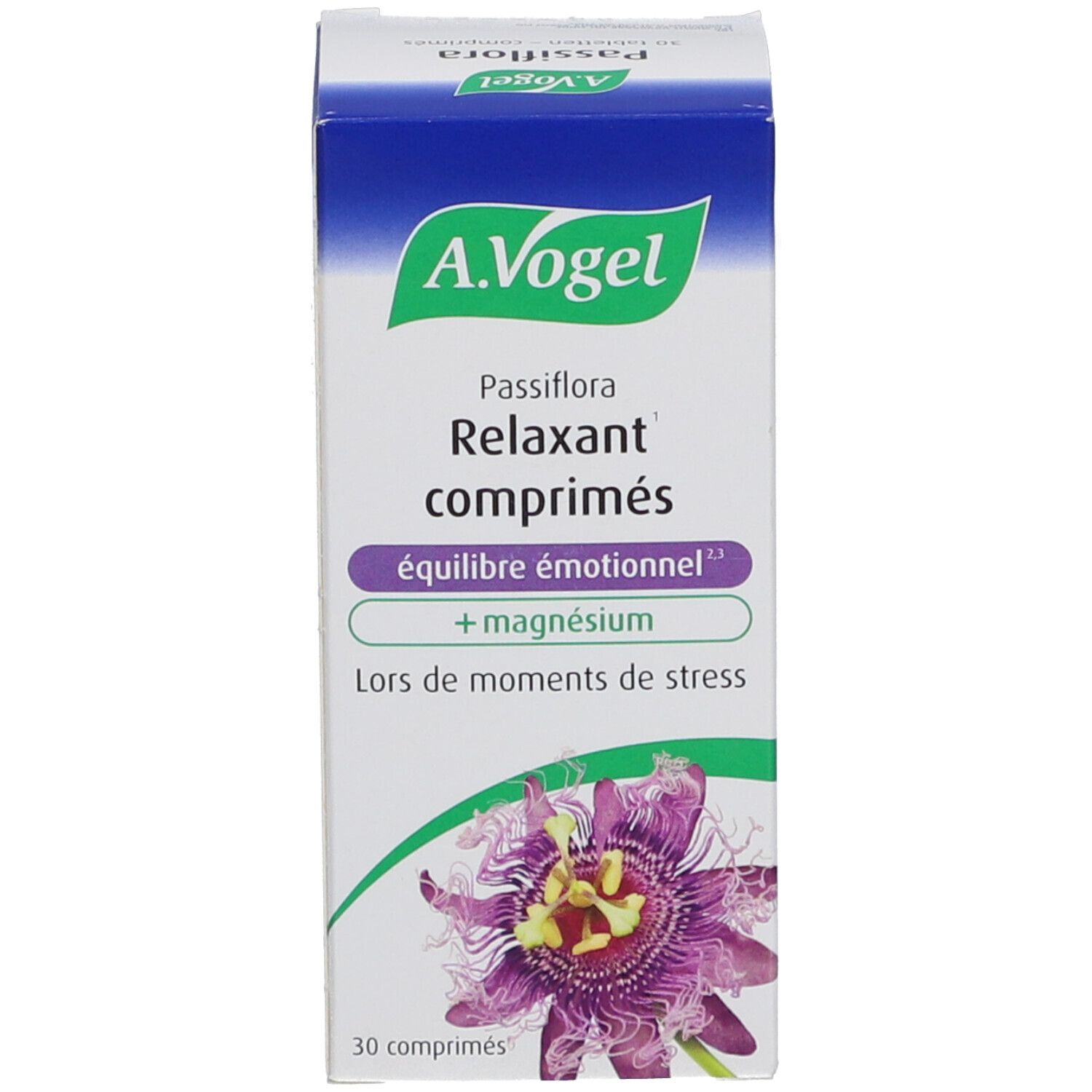 Productverpakking. Doos met productnaam, merk A.Vogel en ingrediënten. 30 tabletten.