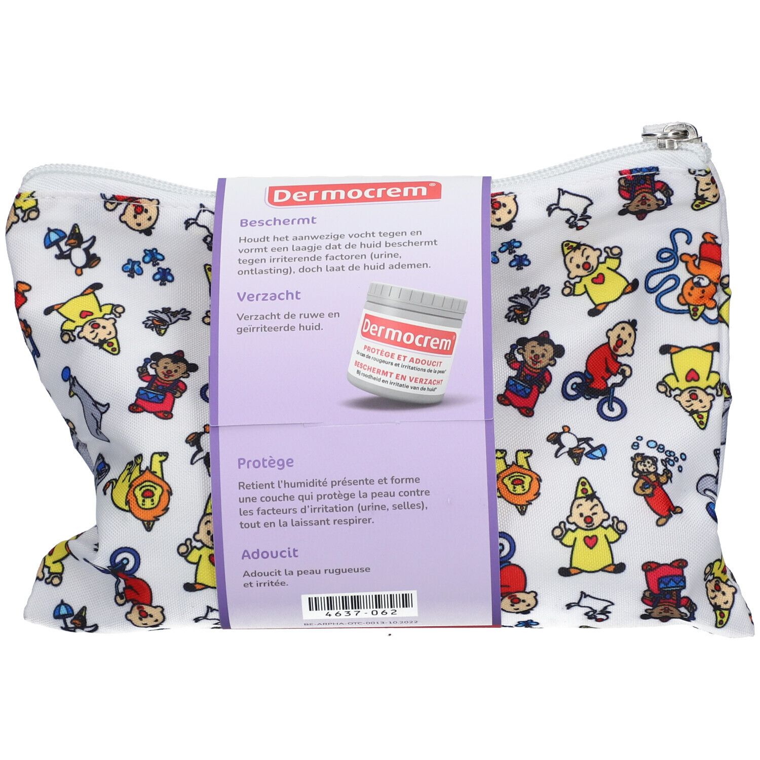 Trousse avec des personnages colorés et un pot de crème. Inscription : Dermocrem. Emballage du produit avec informations.