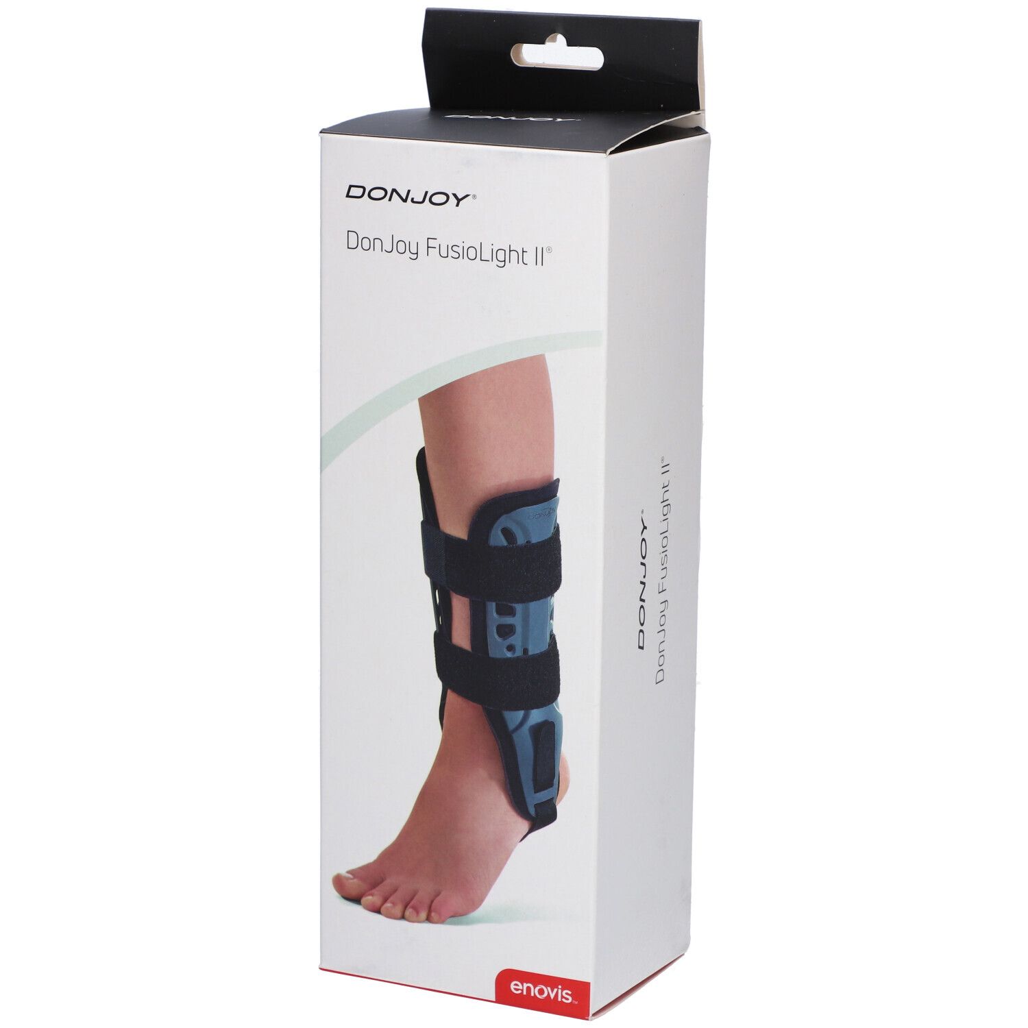 Boîte DonJoy Fusiolight II. Le produit est présenté sur un pied. Attelle de cheville noire et bleue.