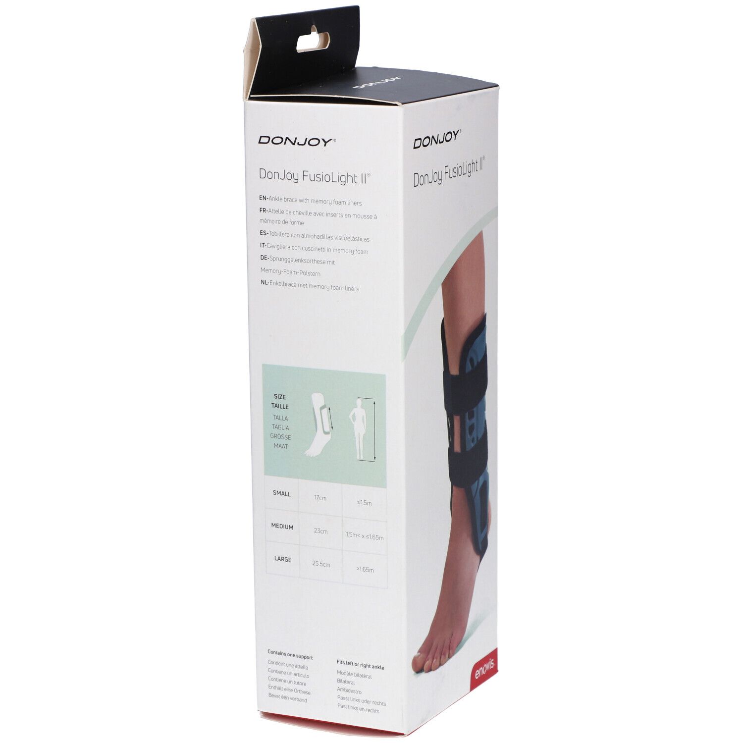 Dos de la boîte DonJoy Fusiolight II. Informations sur les tailles et description du produit en plusieurs langues.