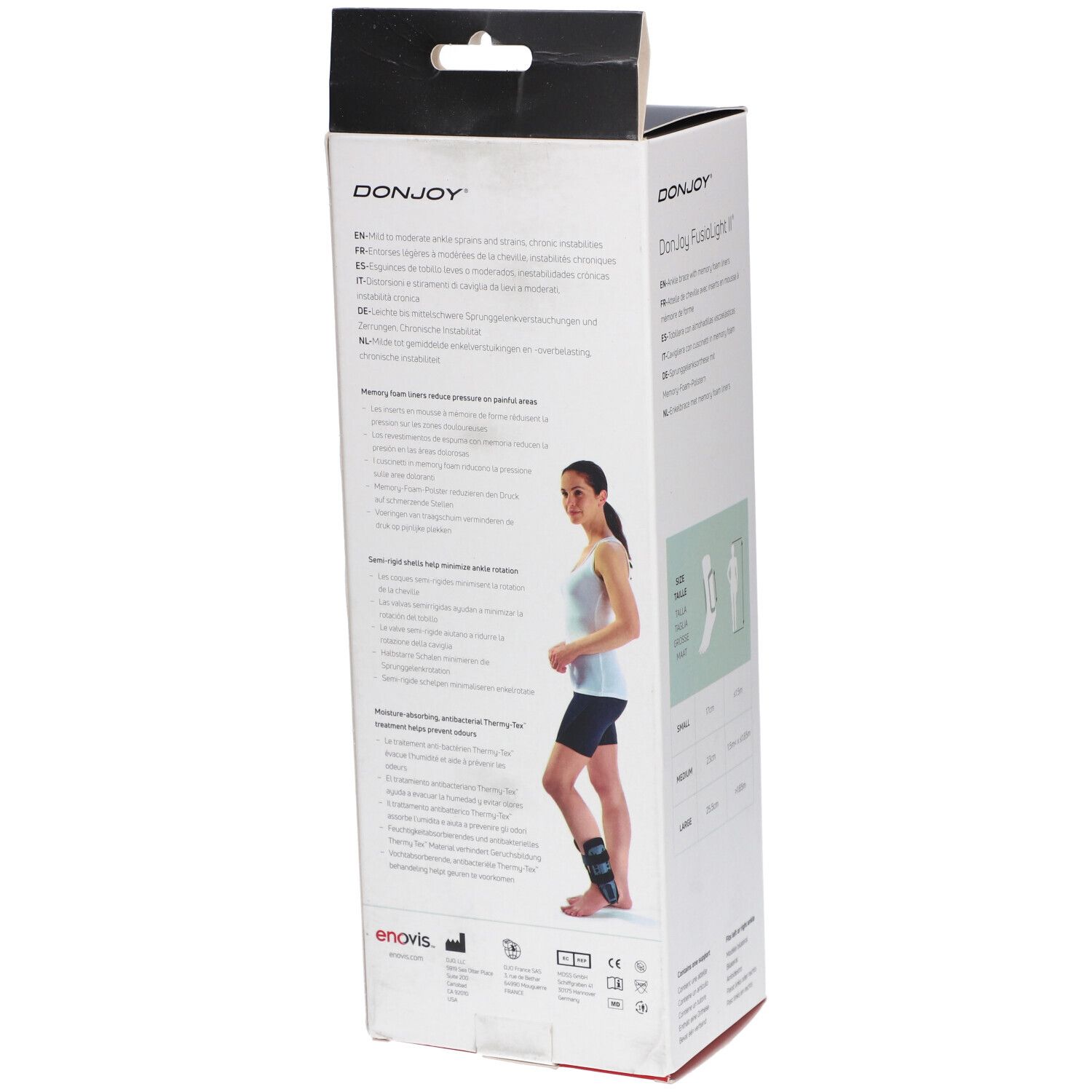 Boîte DonJoy Fusiolight II. Illustration du produit et informations sur les tailles. Femme avec attelle à la jambe.