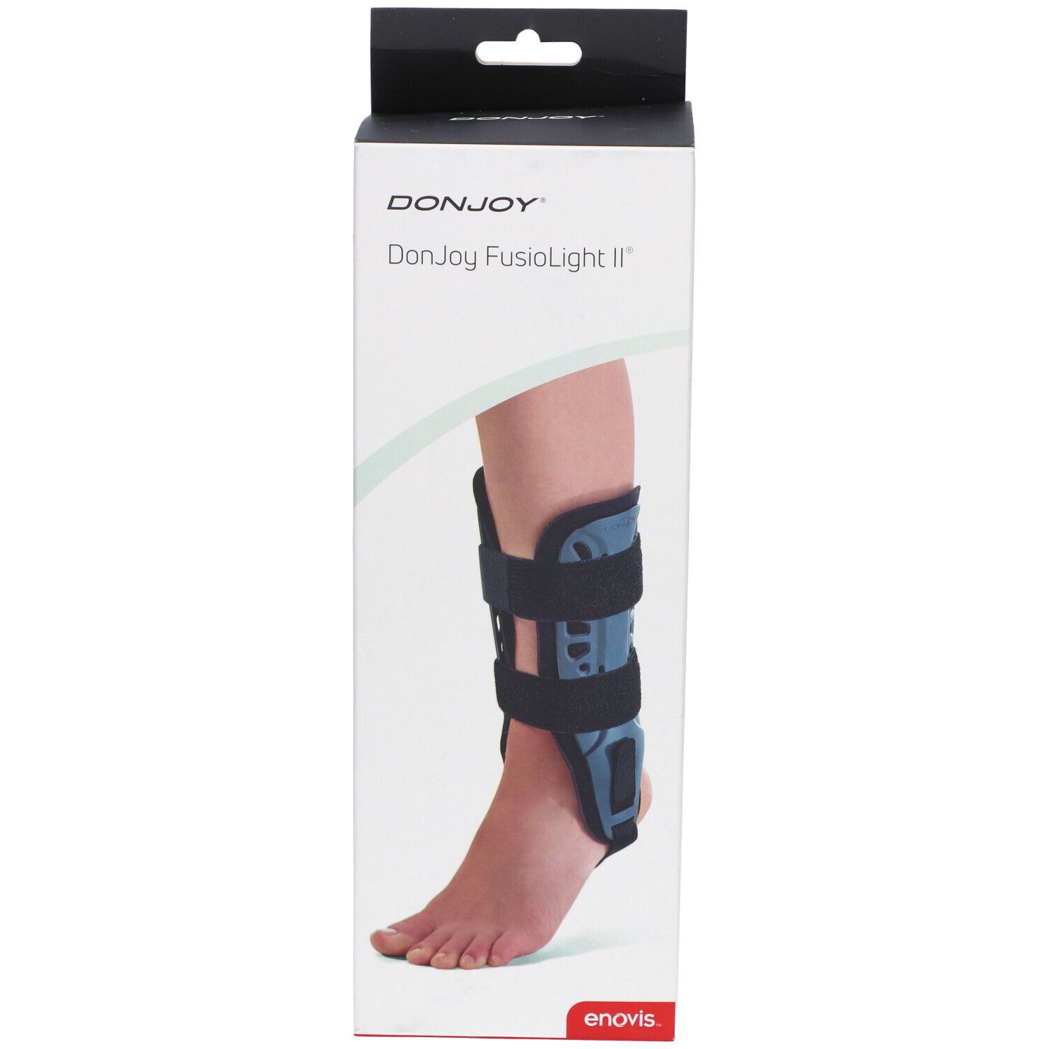 Boîte DonJoy Fusiolight II. Le produit est présenté sur un pied. Attelle de cheville noire et bleue.
