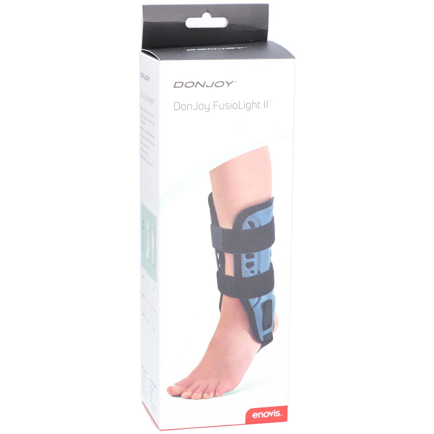Boîte DonJoy Fusiolight II. Le produit est présenté sur un pied. Attelle de cheville noire et bleue.