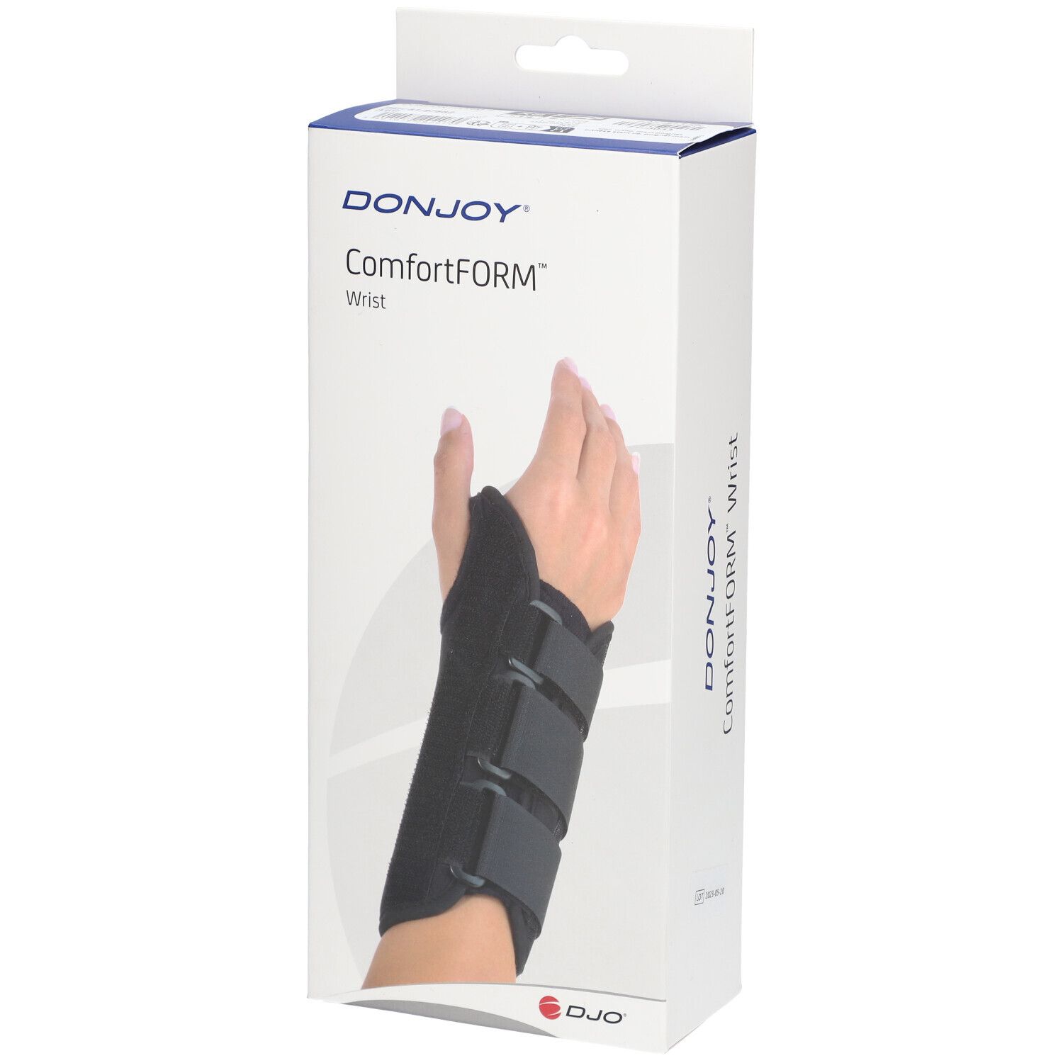 Boîte DonJoy ComfortFORM pour poignet. Attelle noire avec trois sangles, portée sur une main. Marque et nom du produit visibles.