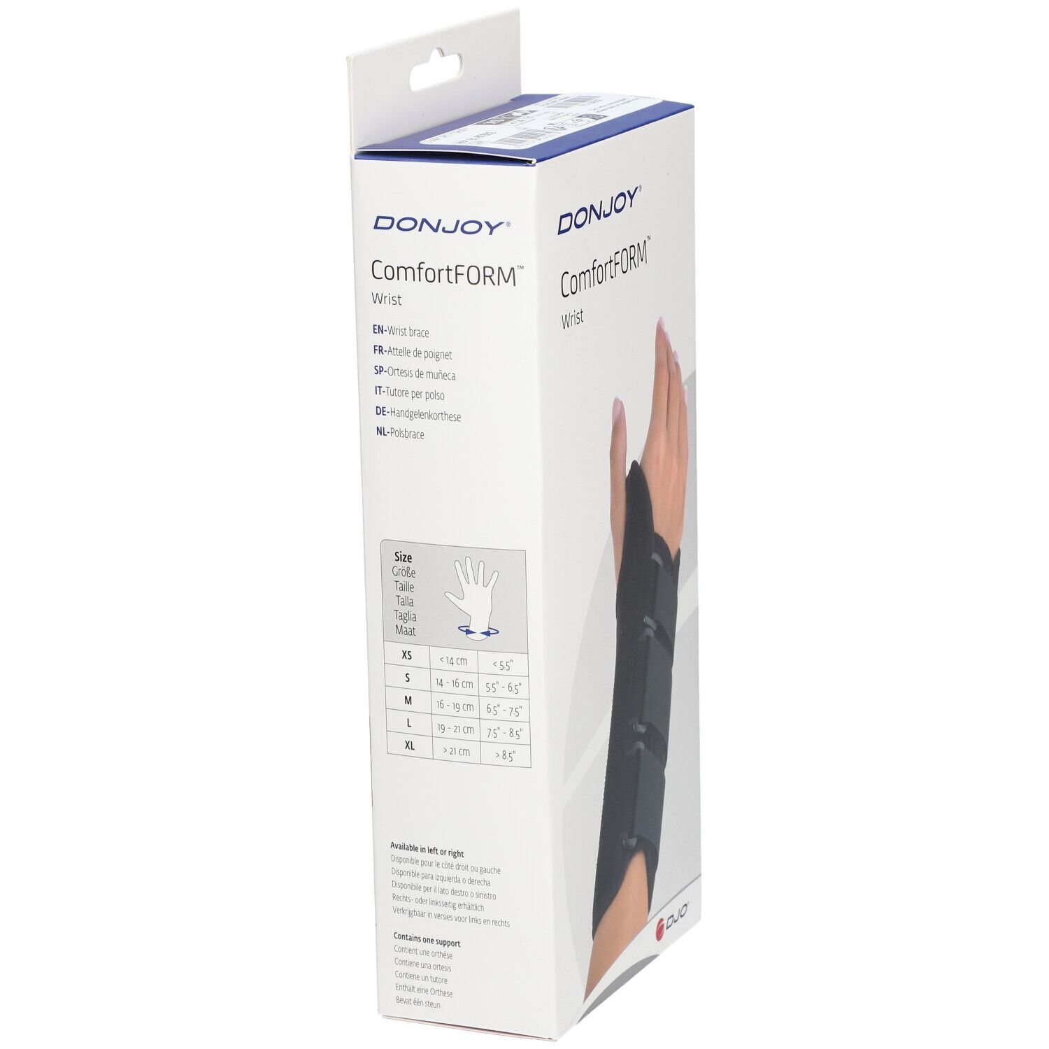 Boîte DonJoy ComfortFORM pour poignet. Vue latérale avec informations de taille. Marque et nom du produit visibles. Tailles XS, S, M, L, XL.