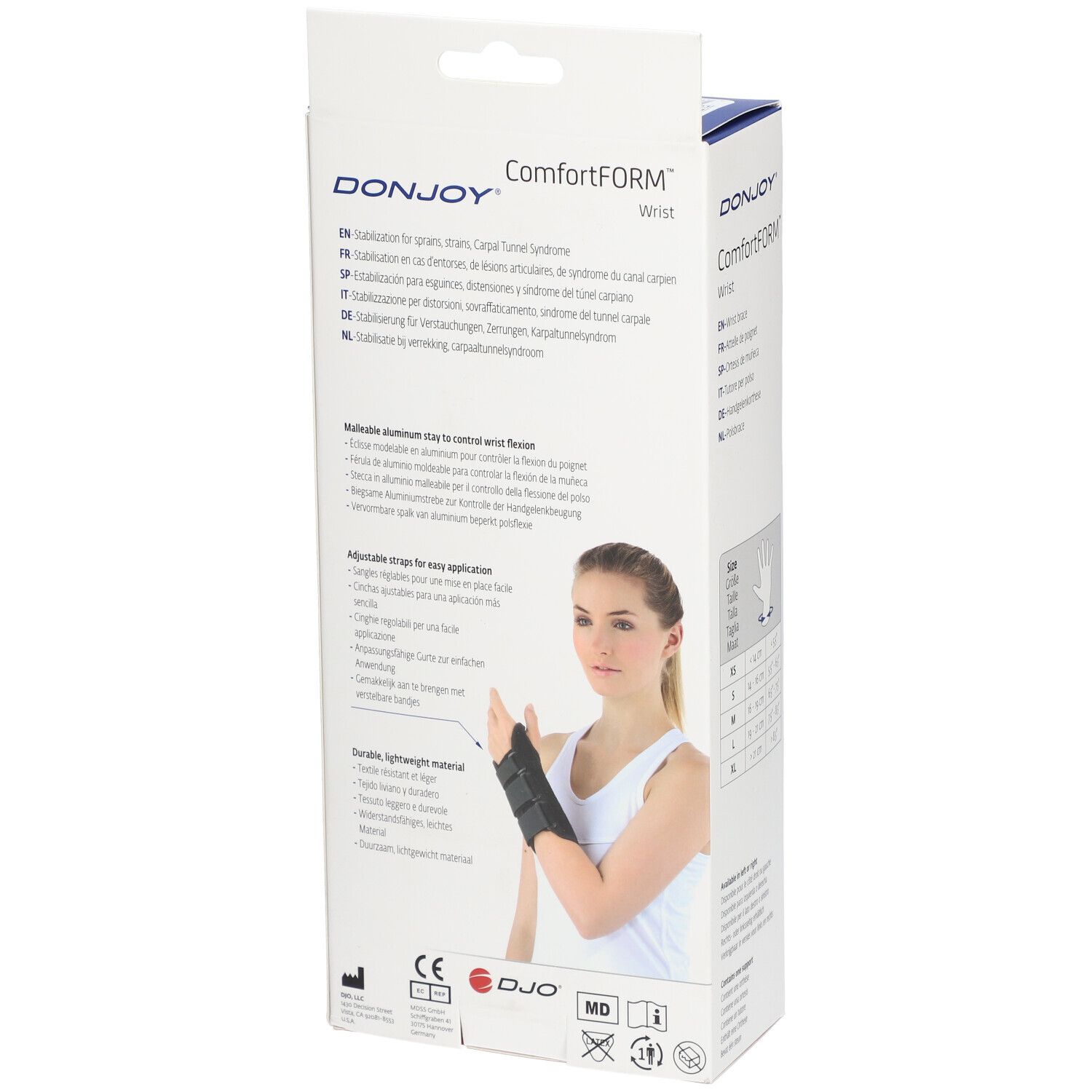 Boîte DonJoy ComfortFORM pour poignet. Arrière avec informations produit et femme portant l'attelle. Marque et nom du produit visibles.