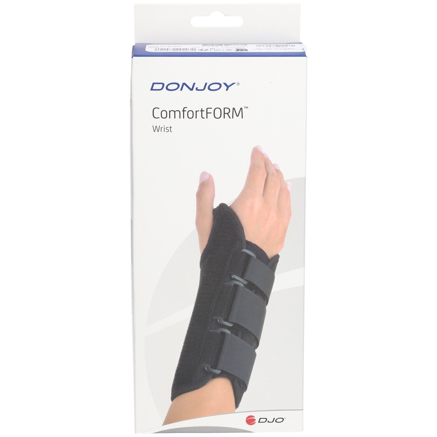 Boîte DonJoy ComfortFORM pour poignet. Attelle noire avec trois sangles, portée sur une main. Marque et nom du produit visibles.