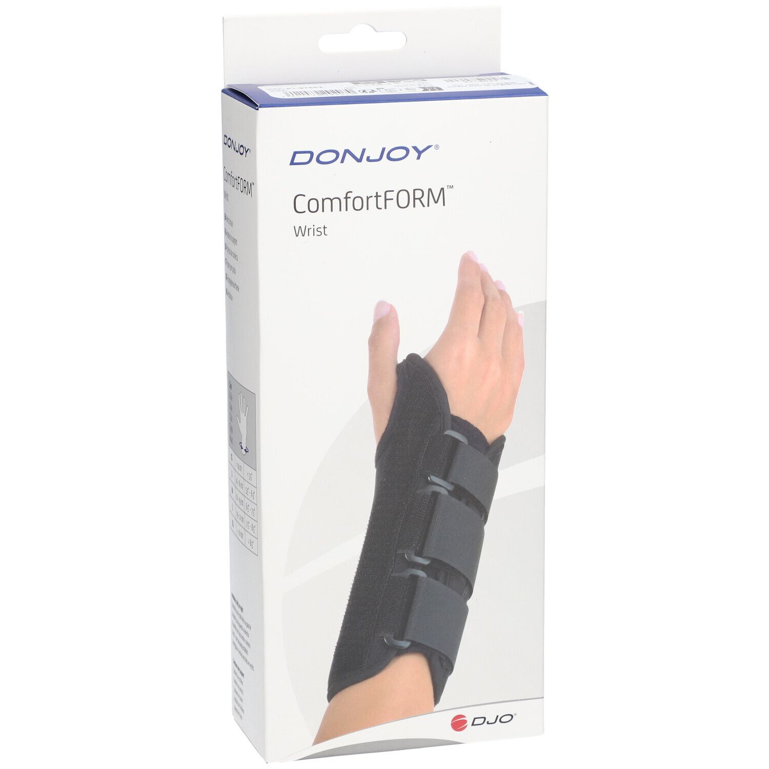 Boîte DonJoy ComfortFORM pour poignet. Attelle noire avec trois sangles, portée sur une main. Marque et nom du produit visibles.