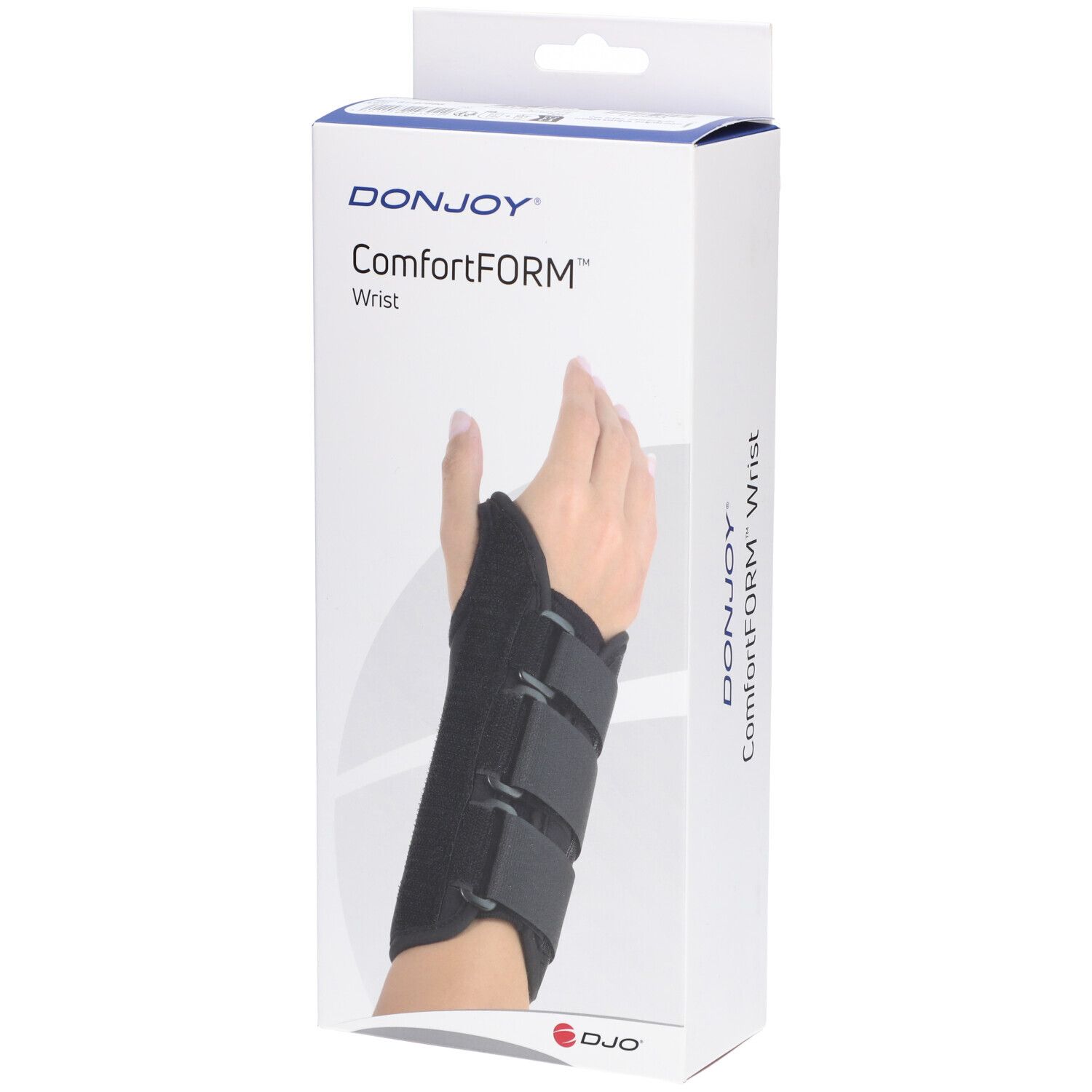 Verpakking met polsbrace. Merk: DonJoy ComfortFORM. Zwarte polsbrace met drie klittenbandsluitingen, gedragen op een hand.