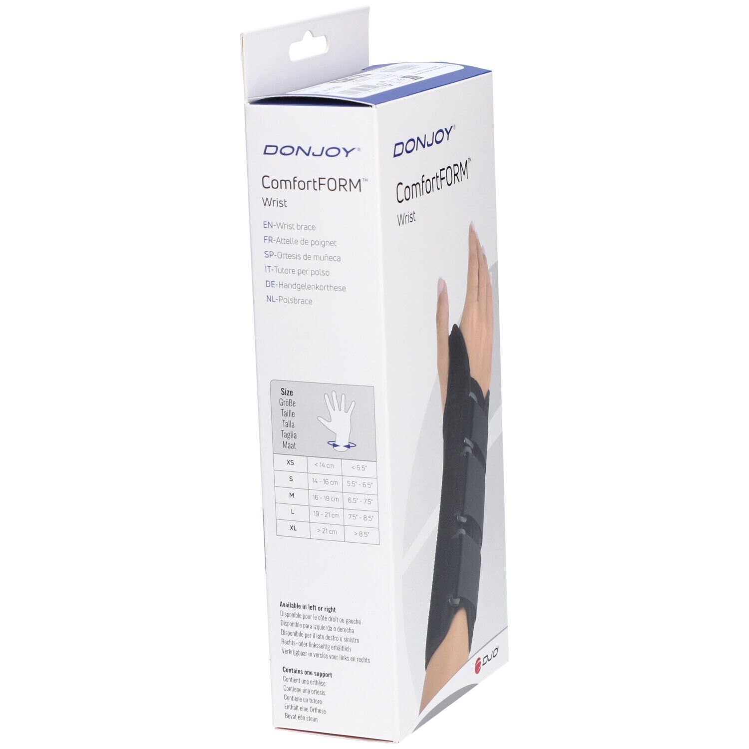 Verpakking met polsbrace. Merk: DonJoy ComfortFORM. Maatinformatie op de verpakking. Zwarte polsbrace op een hand.
