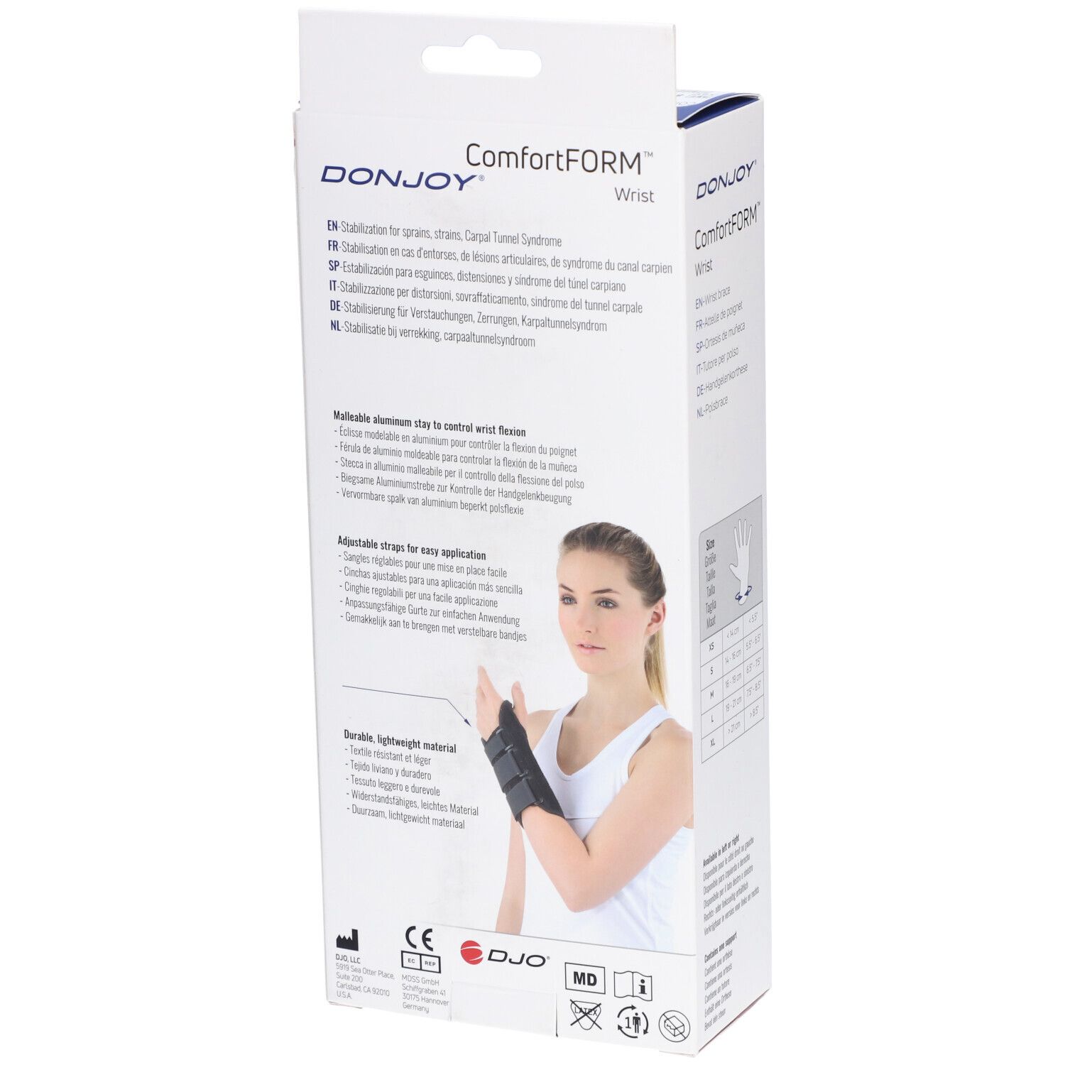 Achterkant van de verpakking met polsbrace. Merk: DonJoy ComfortFORM. Productbeschrijving en certificeringen. Vrouw met polsbrace.
