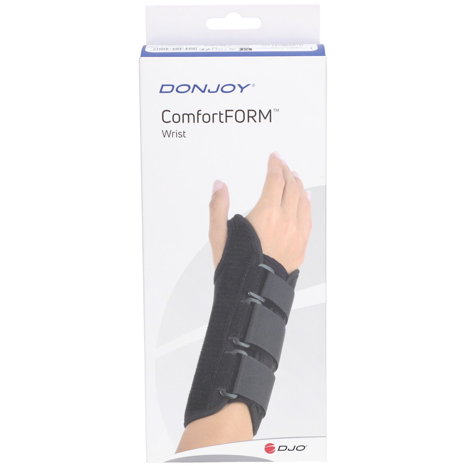 Verpakking met polsbrace. Merk: DonJoy ComfortFORM. Zwarte polsbrace met drie klittenbandsluitingen, gedragen op een hand.