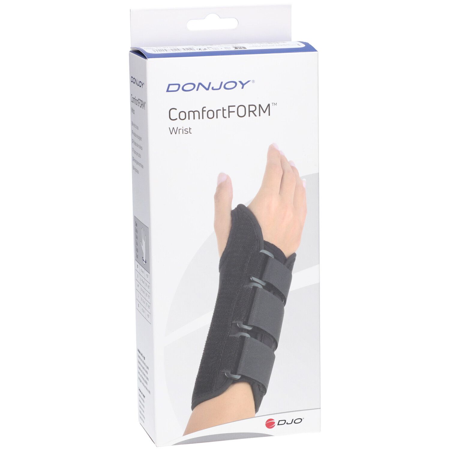 Verpakking met polsbrace. Merk: DonJoy ComfortFORM. Zwarte polsbrace met drie klittenbandsluitingen, gedragen op een hand.