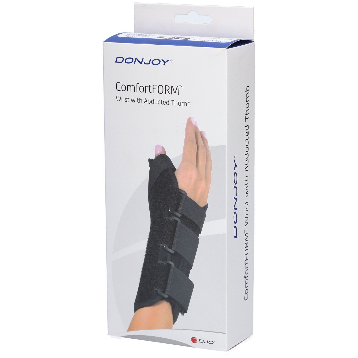 Attelle de poignet ComfortFORM noire avec abduction du pouce, sur emballage. Marque : DonJoy.