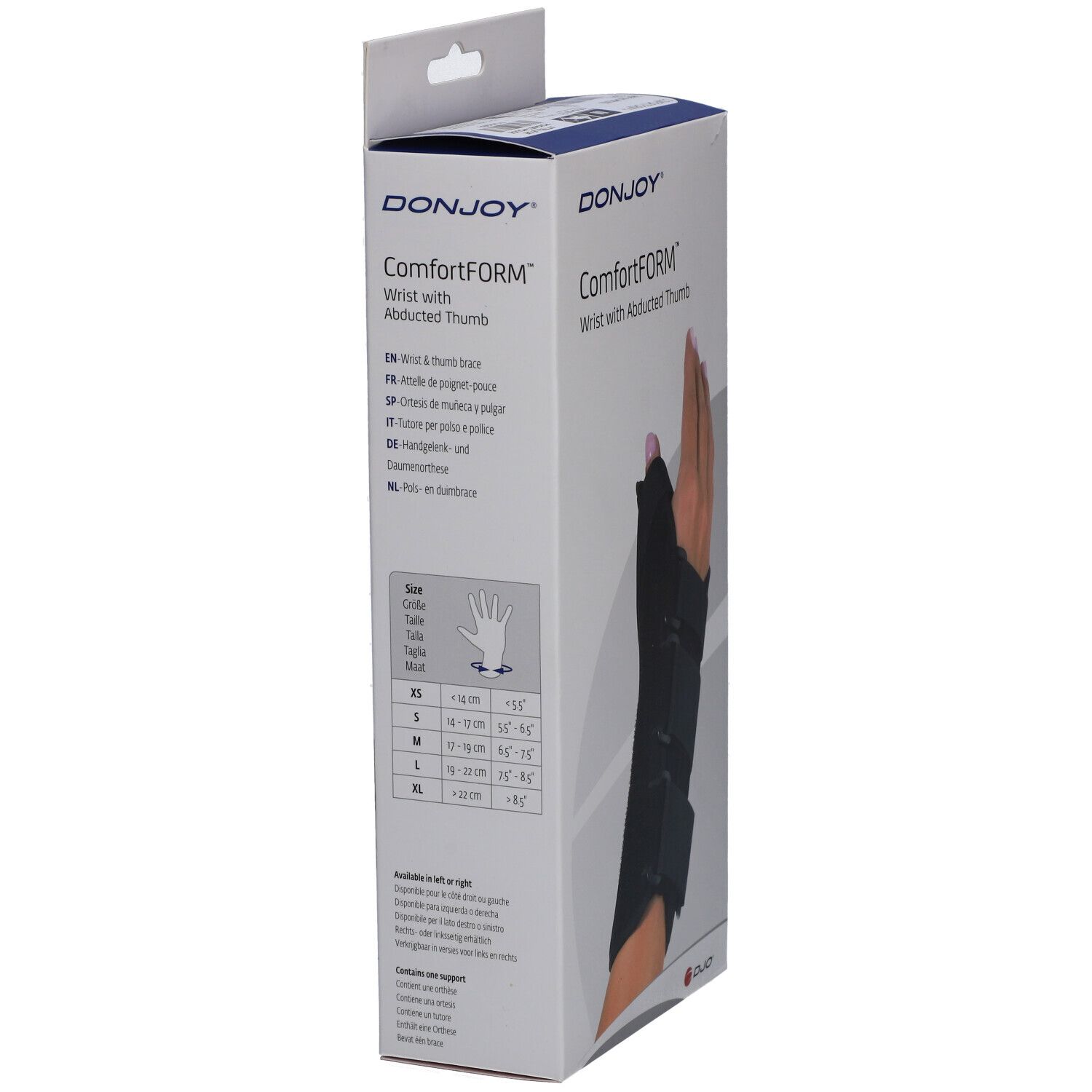 Emballage de l'attelle de poignet ComfortFORM. Informations sur les tailles et le produit en plusieurs langues.
