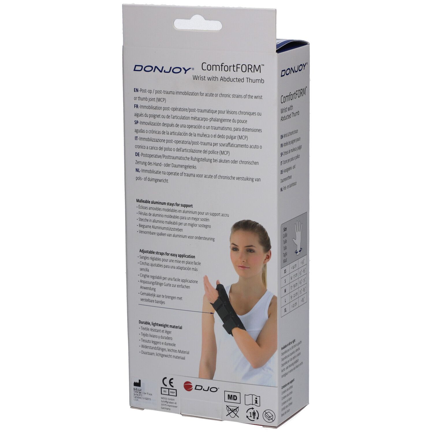 Dos de l'emballage de l'attelle de poignet ComfortFORM. Description du produit, exemples d'utilisation et certifications.