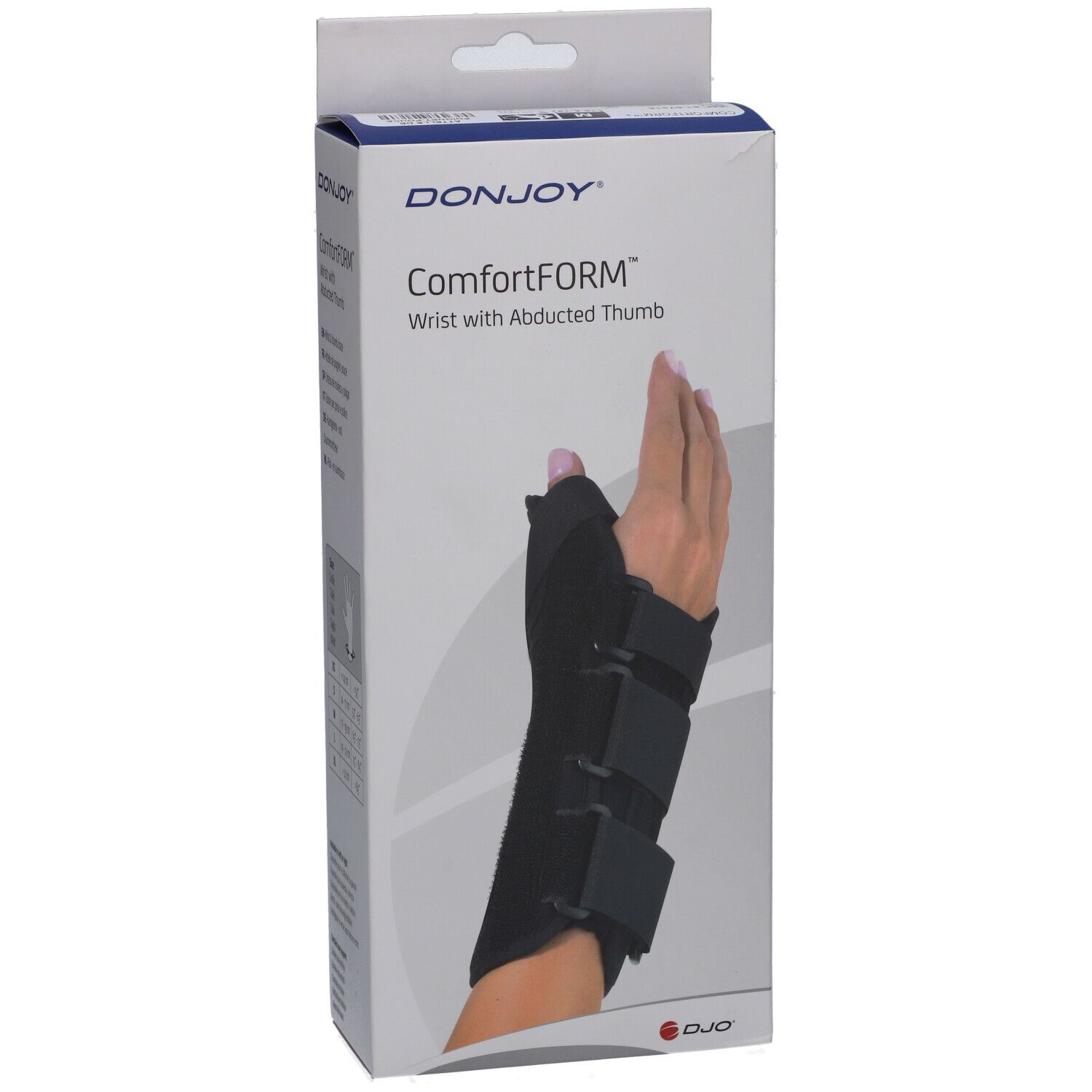 Attelle de poignet ComfortFORM noire avec abduction du pouce, sur emballage. Marque : DonJoy.