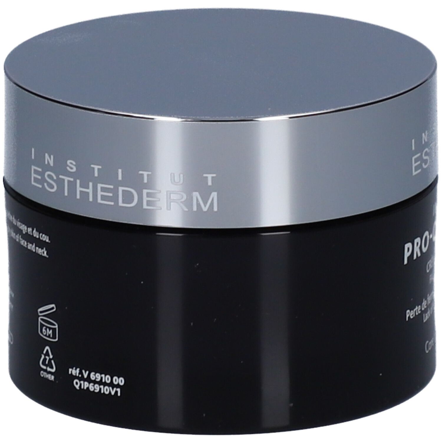Zwarte pot met zilveren deksel. Opschrift: INSTITUT ESTHEDERM. Op de zijkant: 6M, ref. V 6910 00.