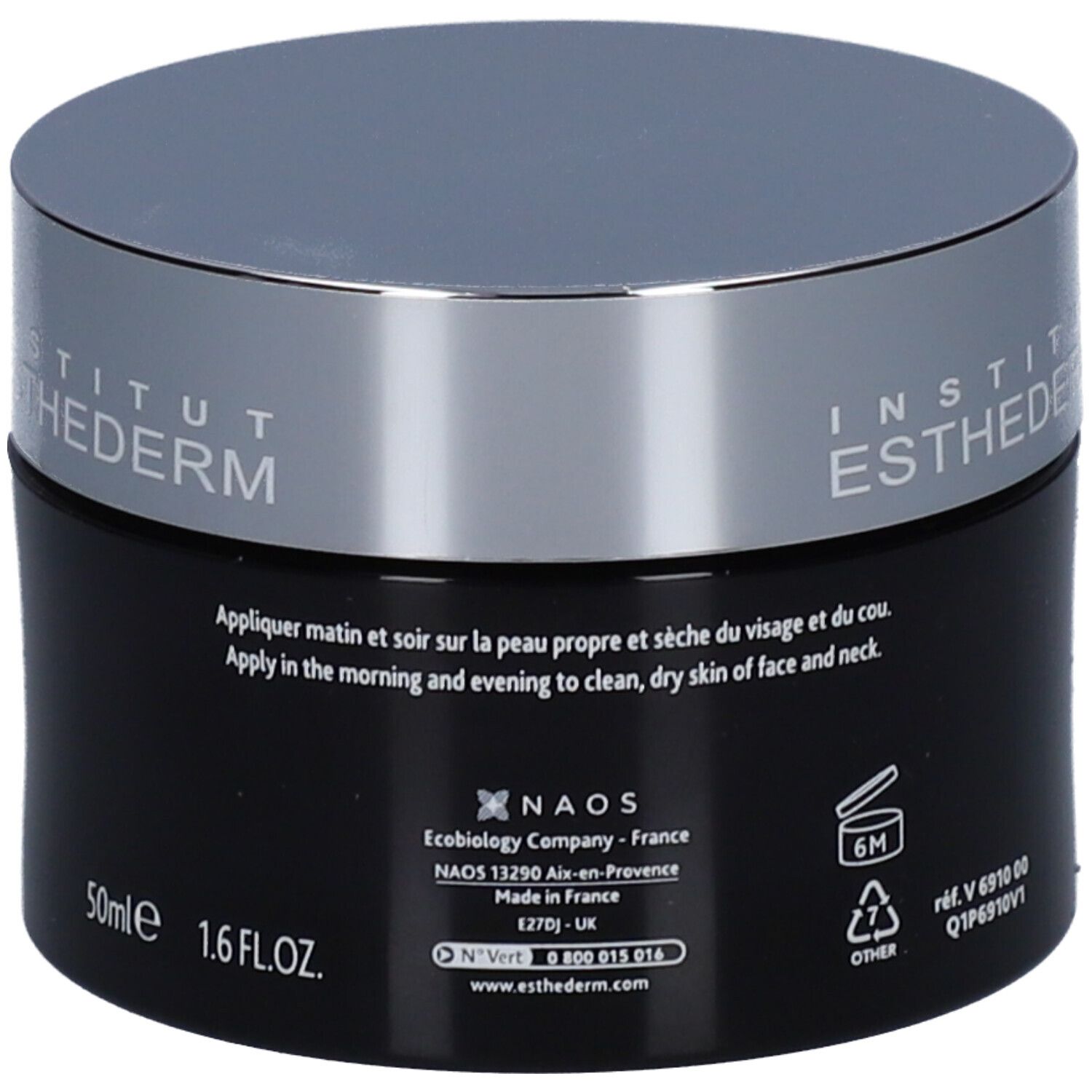 Zwarte pot met zilveren deksel. Opschrift: INSTITUT ESTHEDERM. Op de zijkant: 50ml, 1.6 FL.OZ. Tekst: Apply in the morning and evening.