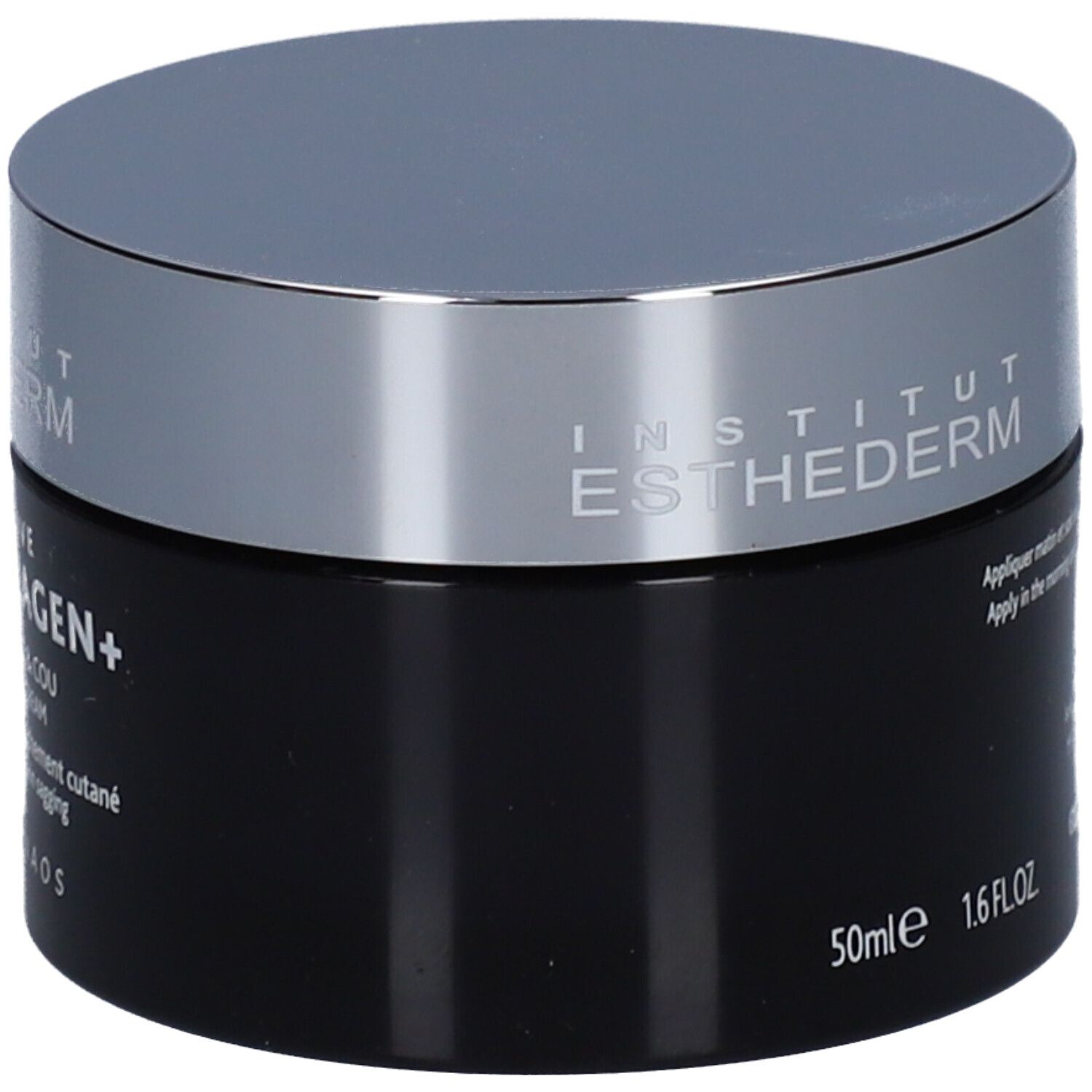 Zwarte pot met zilveren deksel. Opschrift: INSTITUT ESTHEDERM, INTENSIVE PRO-COLLAGEN+ CRÈME. Op de zijkant: 50ml, 1.6 FL.OZ.