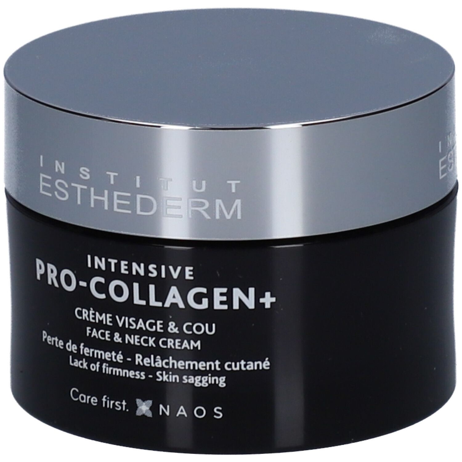 Zwarte pot met zilveren deksel. Opschrift: INSTITUT ESTHEDERM, INTENSIVE PRO-COLLAGEN+ CRÈME, FACE & NECK CREAM.