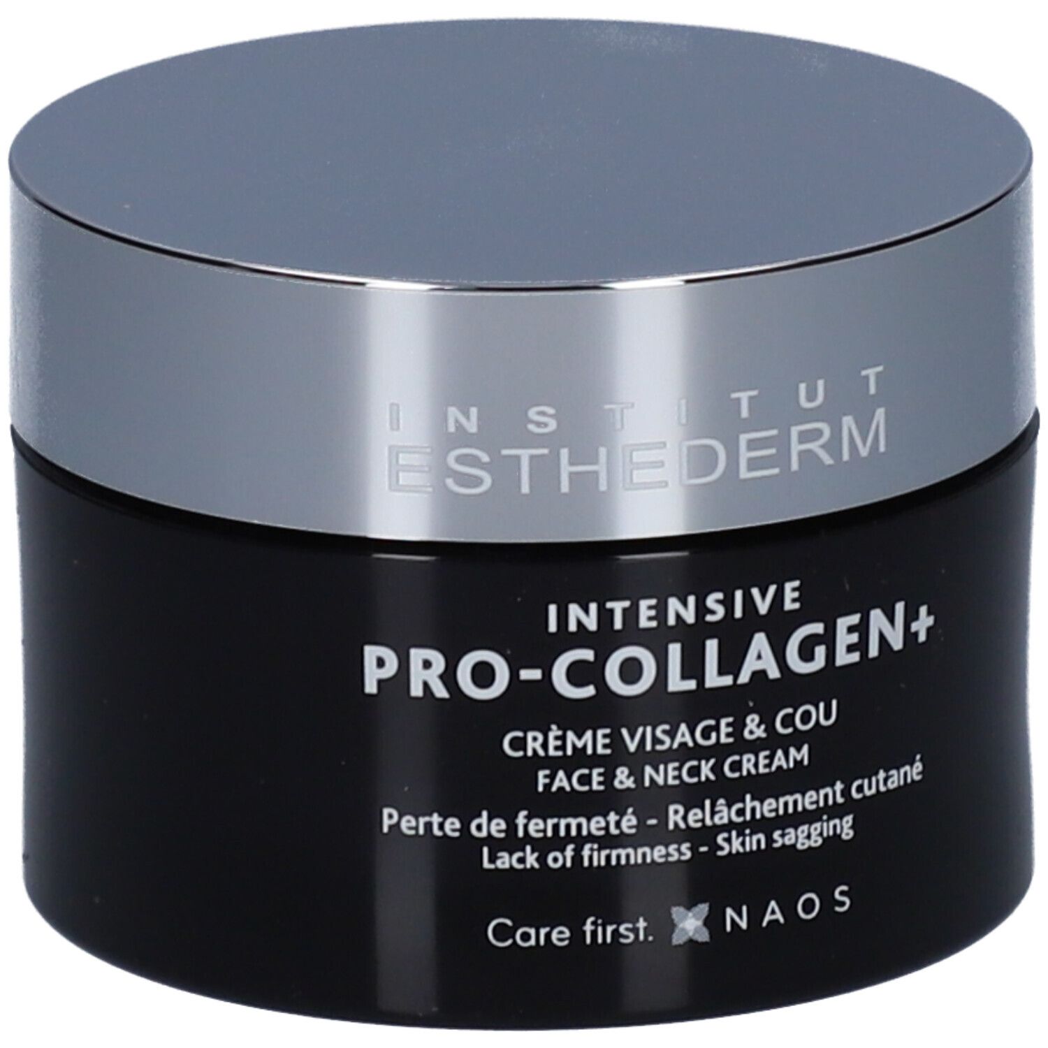 Zwarte pot met zilveren deksel. Opschrift: INSTITUT ESTHEDERM, INTENSIVE PRO-COLLAGEN+ CRÈME, FACE & NECK CREAM.