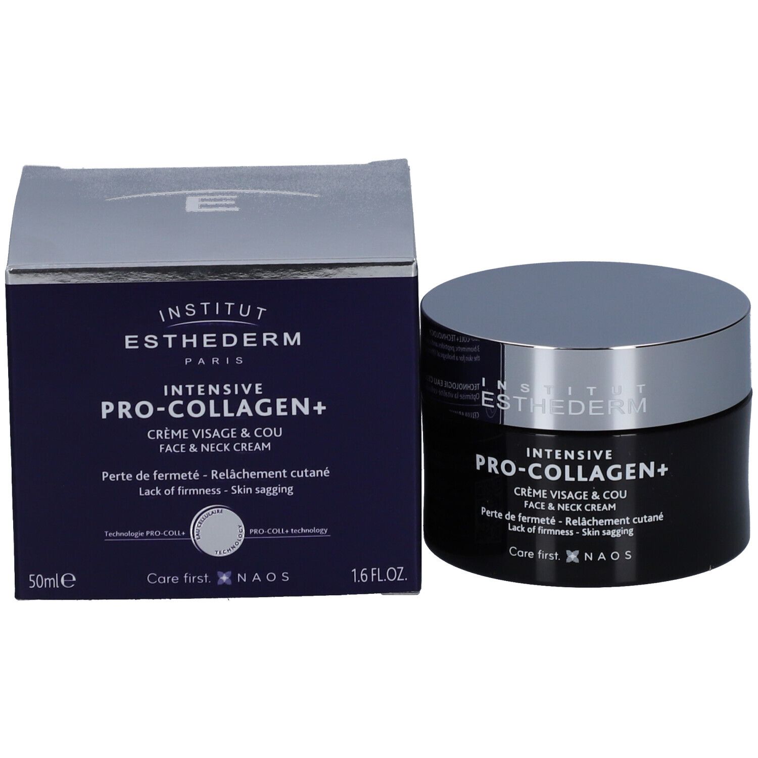 Productverpakking: Zwarte pot en blauwe doos. Opschrift: INSTITUT ESTHEDERM, INTENSIVE PRO-COLLAGEN+ CRÈME, FACE & NECK CREAM.