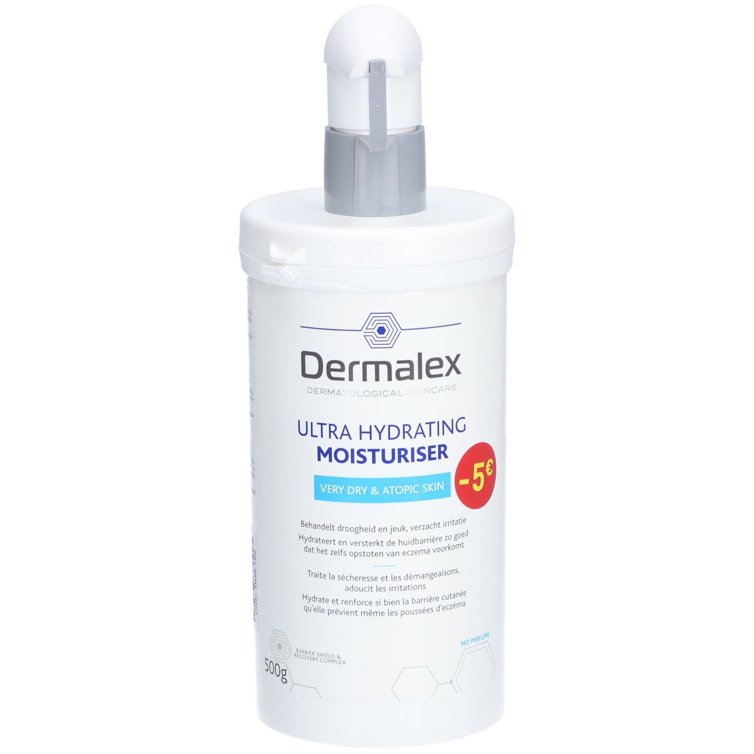 Flacon blanc avec pompe. Inscription: Dermalex, Ultra Hydrating Moisturiser, Very Dry & Atopic Skin. -5°C en rouge.