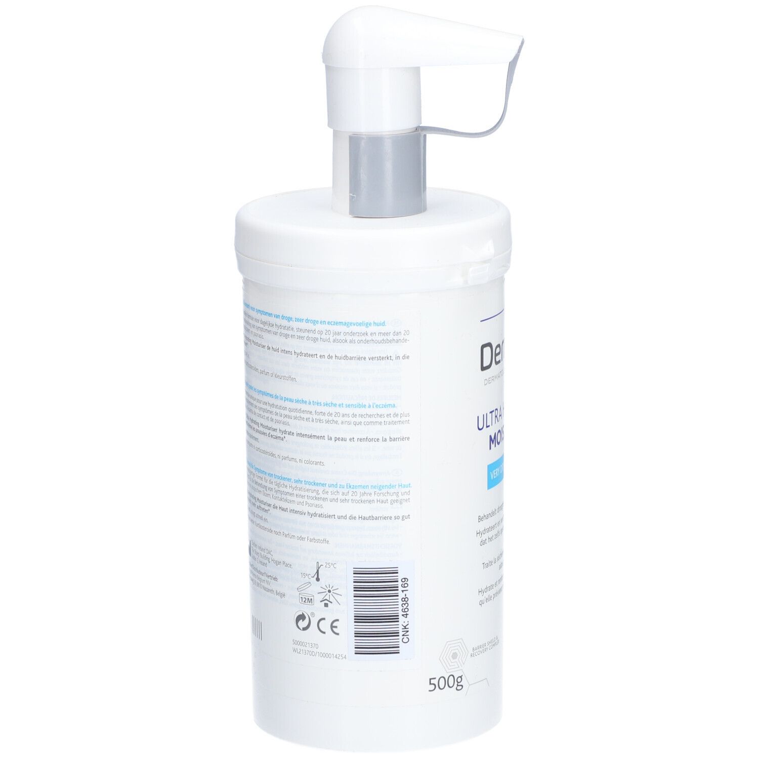 Flacon blanc avec pompe. Dos avec texte et code-barres. Inscription: 500g.