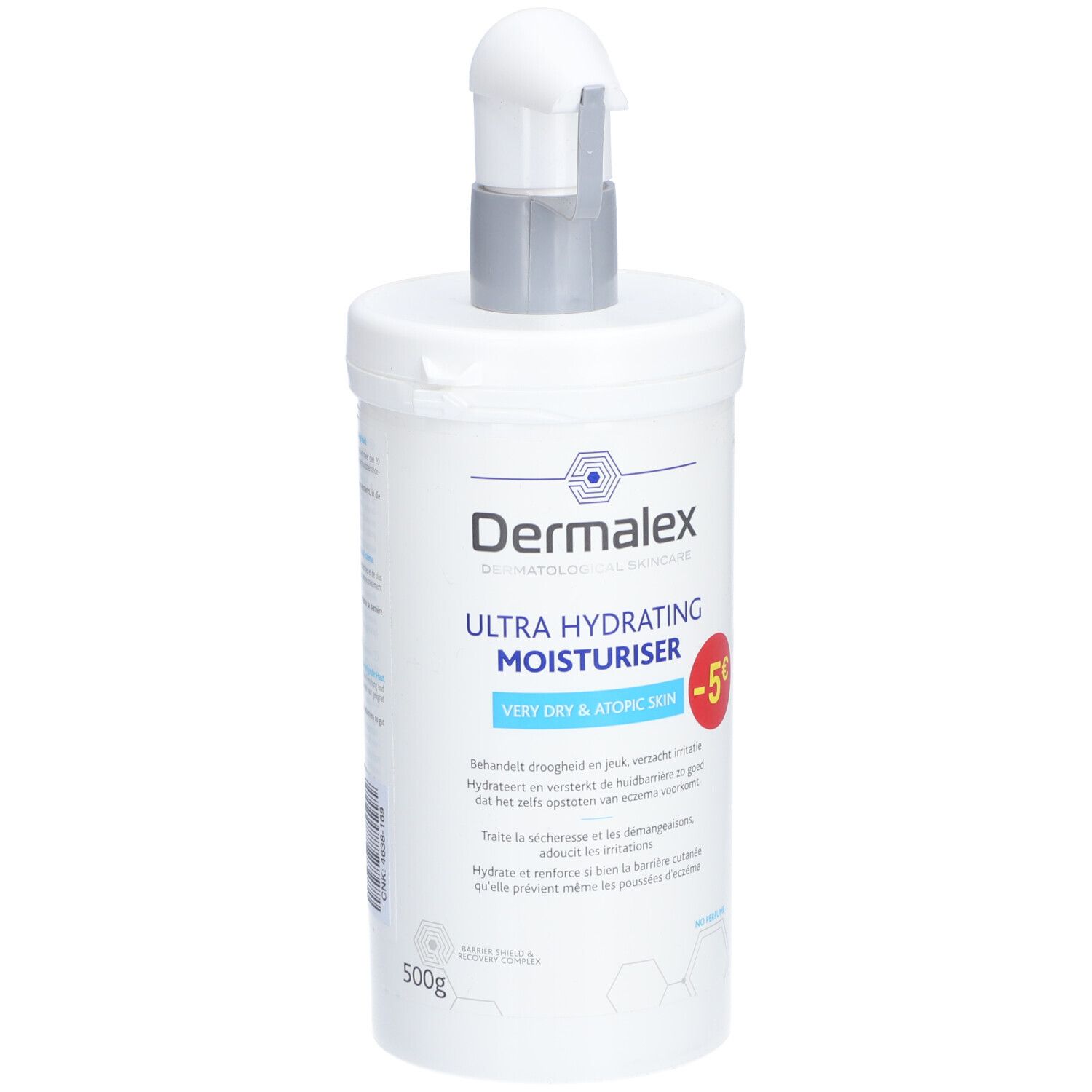 Flacon blanc avec pompe. Inscription: Dermalex, Ultra Hydrating Moisturiser, Very Dry & Atopic Skin. -5°C en rouge.