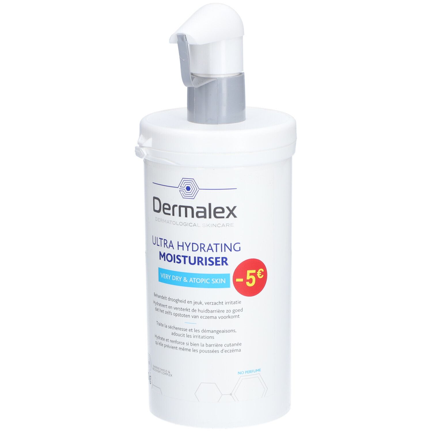 Flacon blanc avec pompe. Inscription: Dermalex, Ultra Hydrating Moisturiser, Very Dry & Atopic Skin. -5°C en rouge.