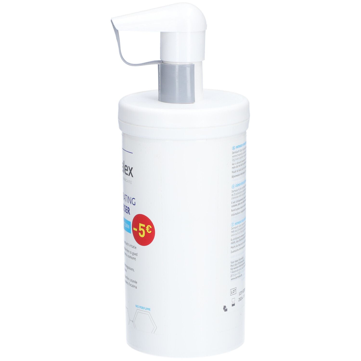Flacon blanc avec pompe. Inscription: Dermalex, Ultra Hydrating Moisturiser. -5°C en rouge. Texte sur le côté.