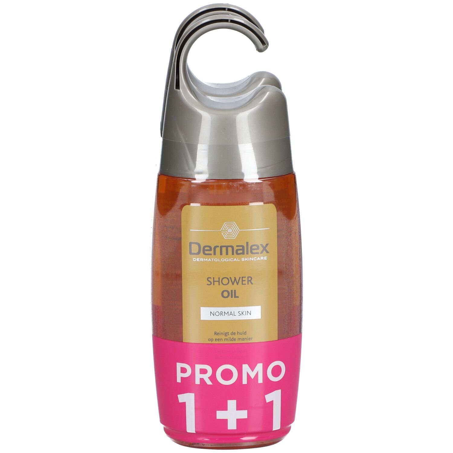 Doucheolie fles met hanger. Etiket met productnaam, 'Normal Skin' en 'Promo 1+1'.