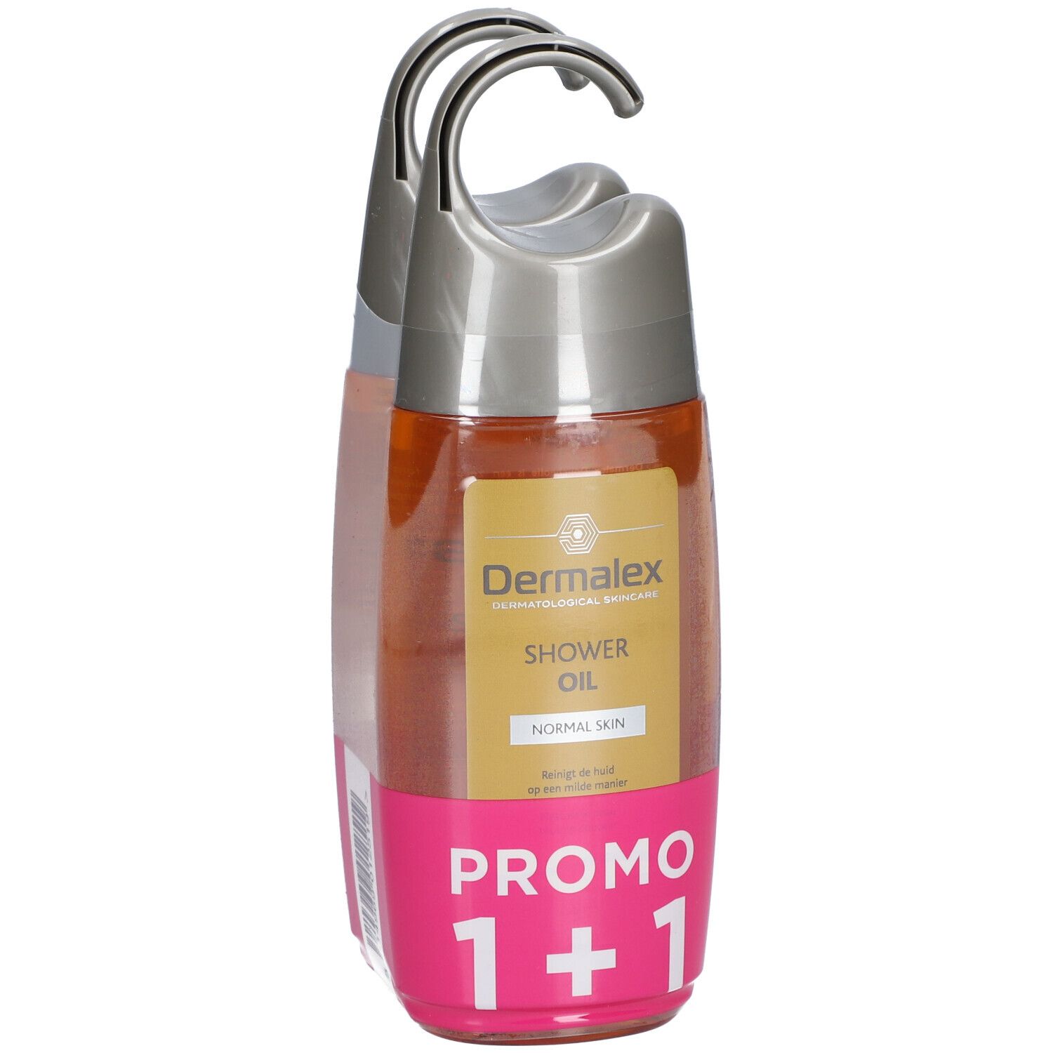 Twee doucheolie flessen in verpakking. Etiket met productnaam, 'Normal Skin' en 'Promo 1+1'.