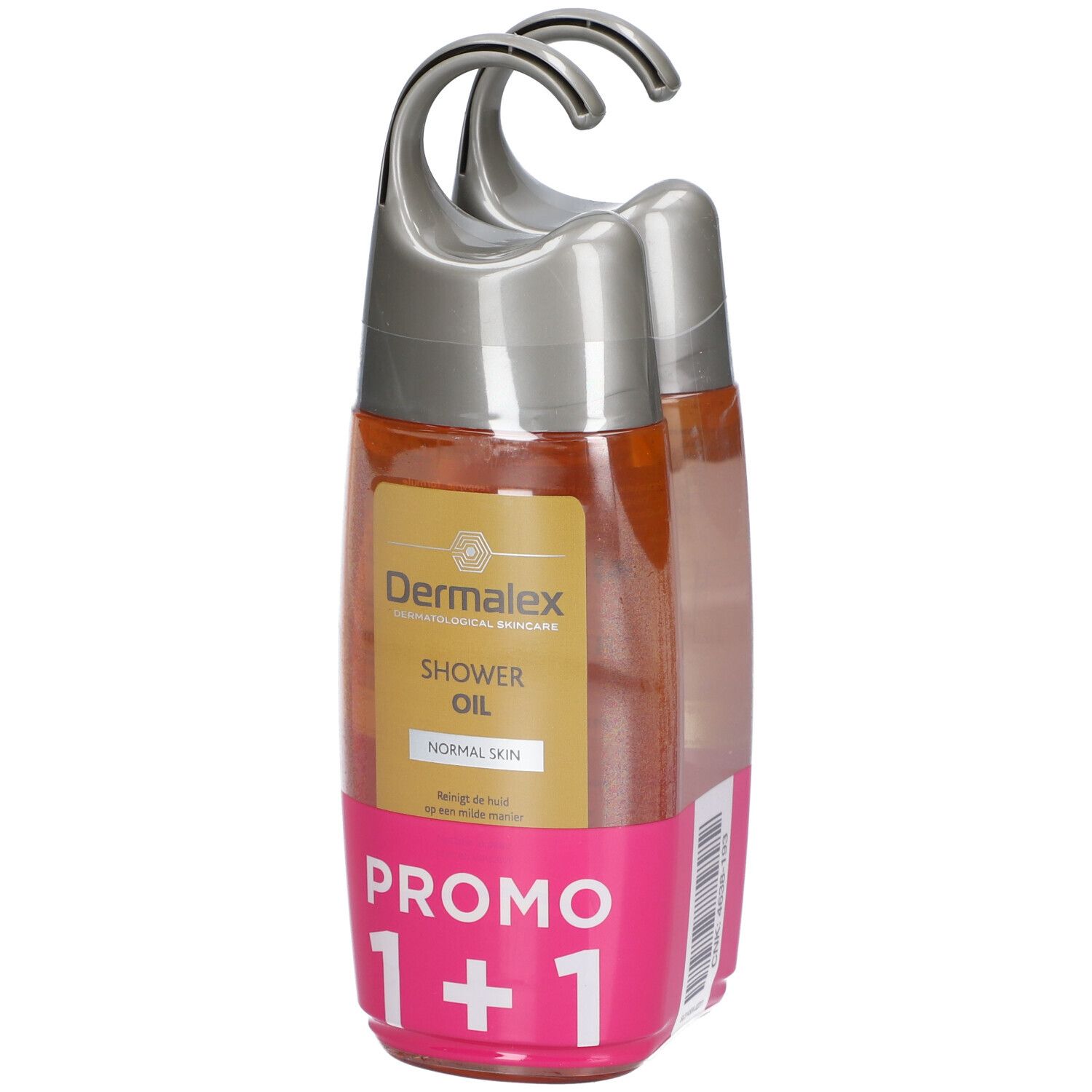 Twee doucheolie flessen in verpakking. Etiket met productnaam, 'Normal Skin' en 'Promo 1+1'.