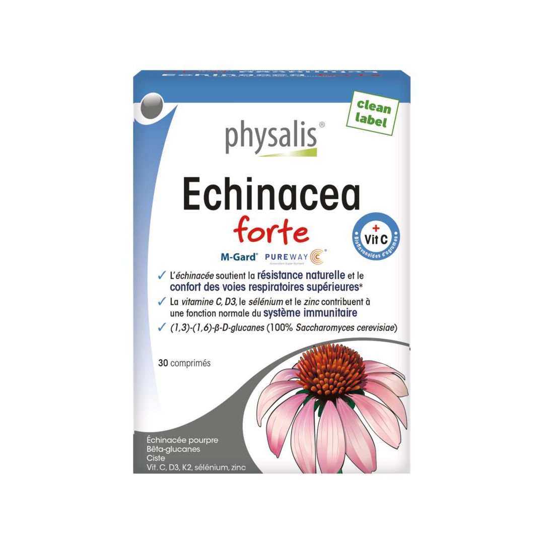 Boîte de comprimés. Inscription: Echinacea forte, 30 comprimés. Avec vitamine C. Illustration d'une fleur.