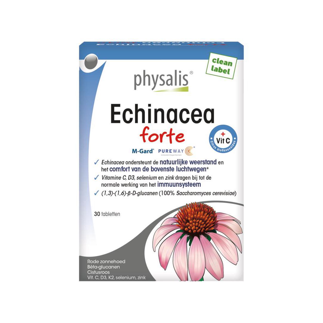 Doosje met tabletten. Opschrift: Echinacea forte, 30 tabletten. Met vitamine C. Afbeelding van een bloem.