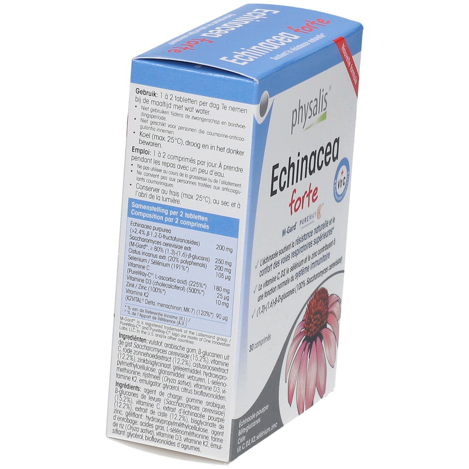 Doosje met tabletten. Opschrift: Echinacea forte, 30 tabletten. Met vitamine C. Achterkant met ingrediënten.