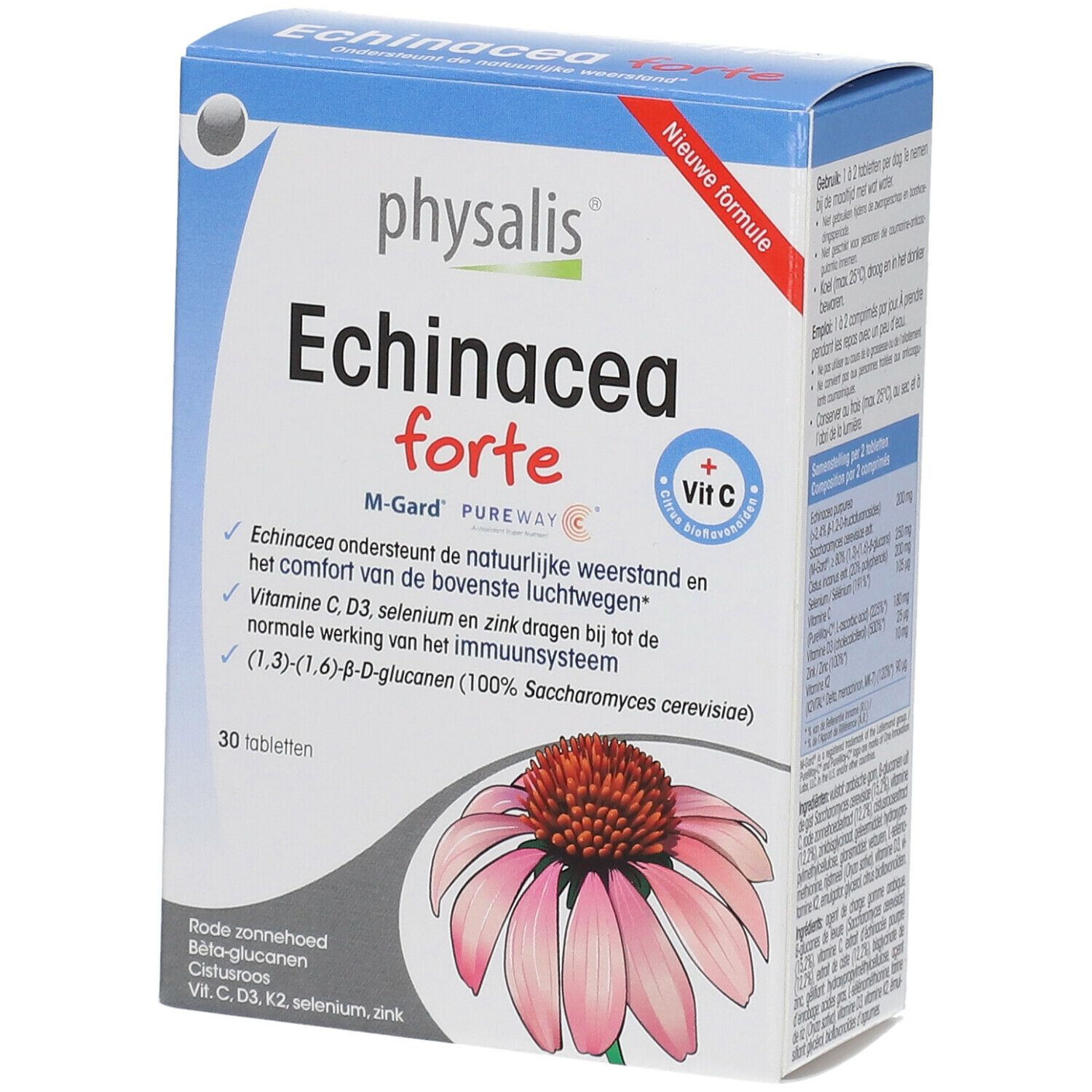 Doosje met tabletten. Opschrift: Echinacea forte, 30 tabletten. Met vitamine C. Afbeelding van een bloem.